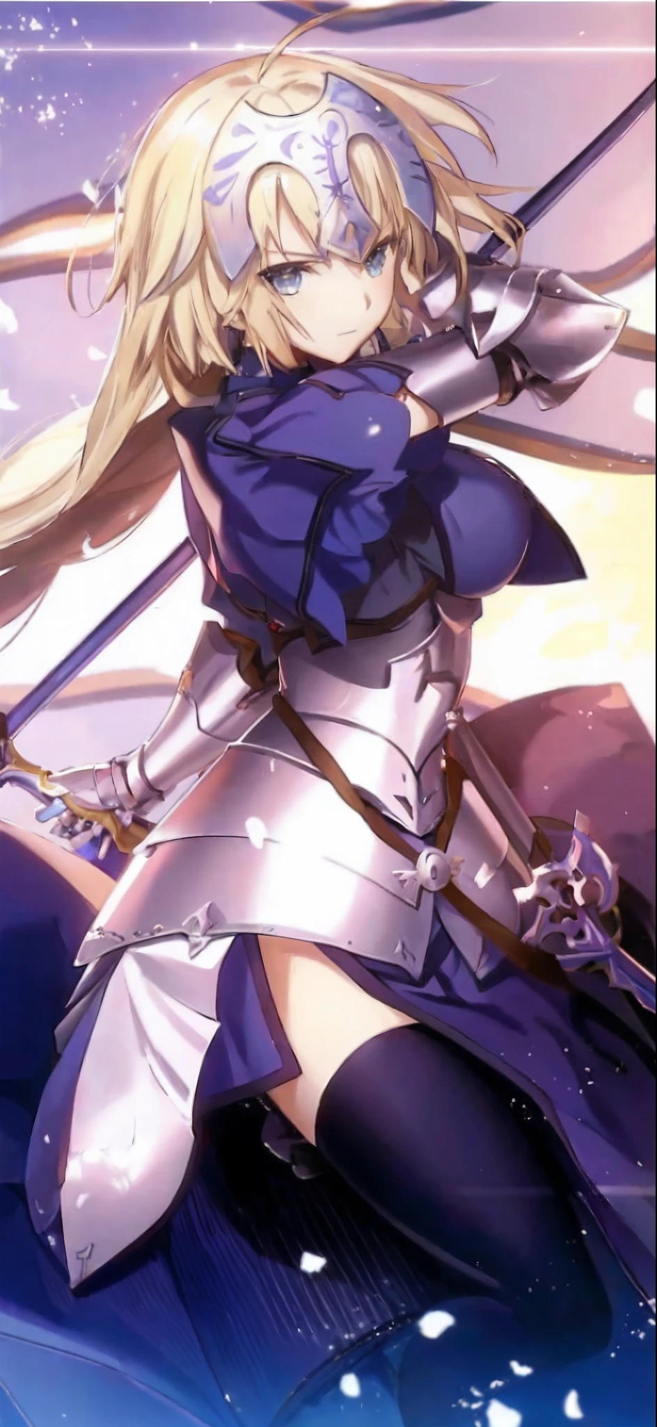 anime girl with sword and armor on a blue background, fate / stay night, fate grand order, Jeanne D'Arc, anime style like fate/stay night, fate stay night, detailed key anime art, epic light novel art cover, cushart krenz key art feminine, inspired by Li Chevalier, armor girl, azur lane style