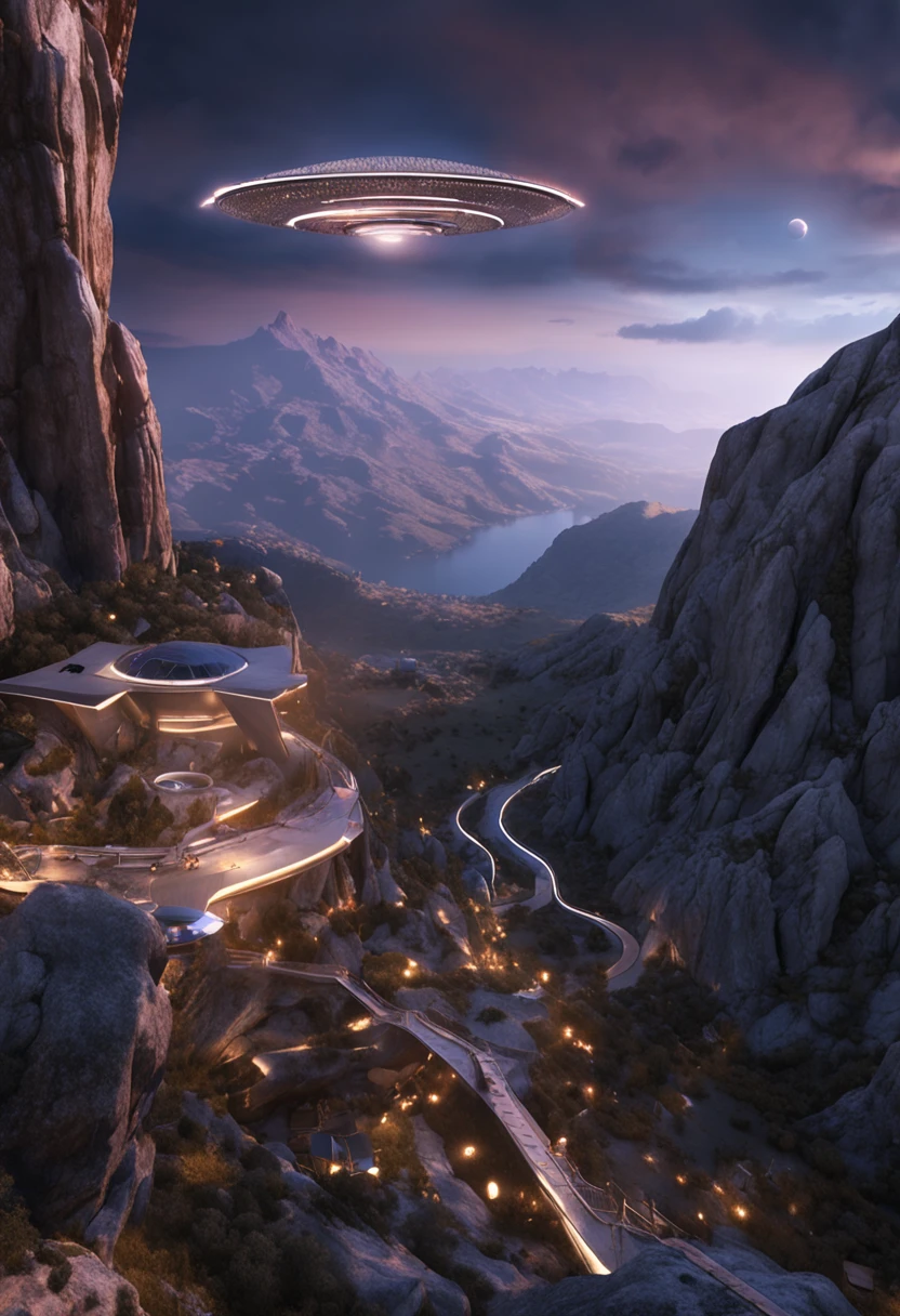 cutting-edge technology, breathtaking, insanely detailed, futuristic mothership, otherworldly UFO, hovering, evening's blue hour, rugged, pointed peaks, advanced rendering techniques, hyper-realistic, sleek metallic surface, pulsating lights, picturesque beauty, France's Col de Vence, sophisticated lighting, shading algorithms, glowing beams of light, dusk-lit sky, ultra-high resolution, clarity, sharpness, top-of-the-line anti-aliasing techniques, jagged mountain peaks, sleek contours, crisp, artifact-free, intricate vegetation, rocky terrain, verisimilitude, captivating, extraterrestrial encounter, state-of-the-art image compression, impeccable quality, masterpiece, lifelike, intricate artistry, beauty, breathtaking UFO encounter, majestic mountain scenery, wide shot, wide angle, zoom out, full object, full ufo, far view