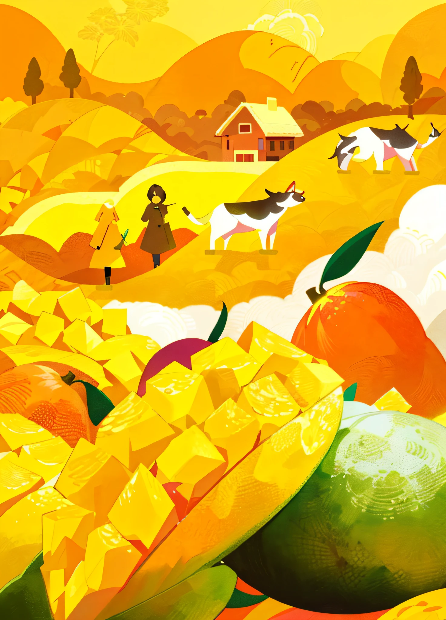 There are a lot of mangoes on the table in the field, mangoes,Colorful illustration, Amazing food illustration, jen bartel, Adobe Illustrator Art, courful illustration, A beautiful artwork illustration, illustration”, Poster illustration, editorial illustration colorful, Stylized digital illustration, detailed digital illustration, Colorful illustrations, Wonderful illustrations, Digital illustration, Illustrations, james gilleard artwork