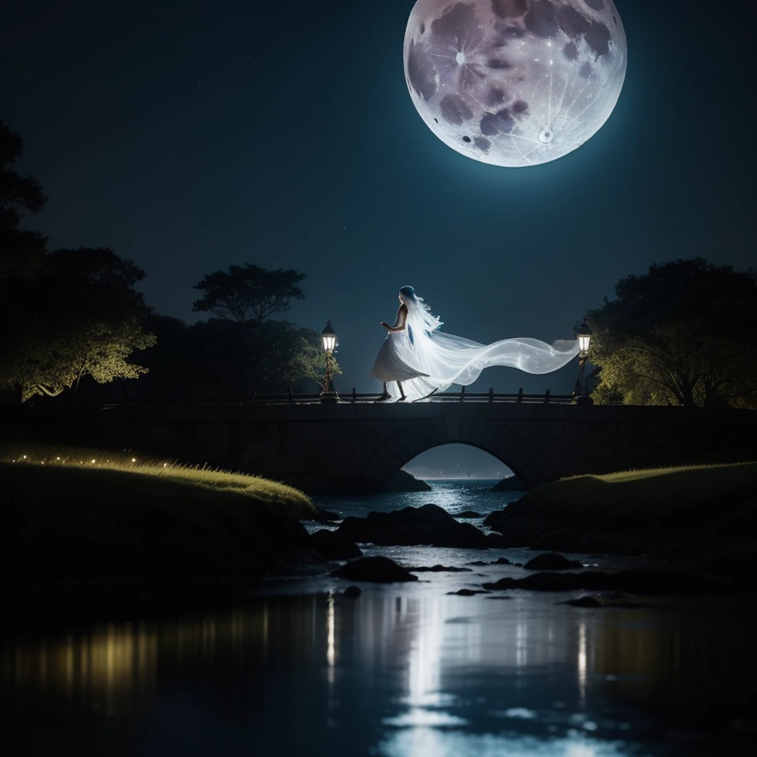 a woman in a white dress walking across a bridge at night, very magical and dreamy, Bela e misteriosa, Noite de luar atmosfera sonhadora, The moon behind her, atmosfera sonhadora e drama, ethereal fairy tale, Noite de Sonho, ethereal beauty, luar e sombras deslumbrantes, sonhador, ethereal and dark, Deusa da Lua, bela noite de luar, walking towards the full moon, fotografia de fantasia