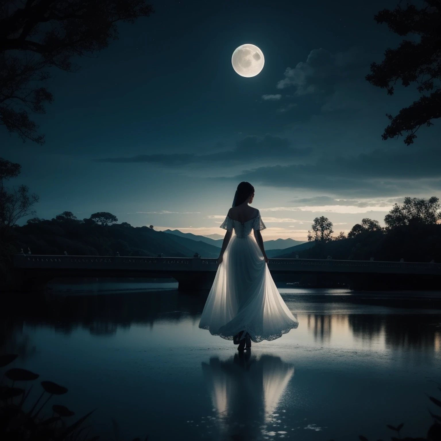 a woman in a white dress walking across a bridge at night, very magical and dreamy, Bela e misteriosa, Noite de luar atmosfera sonhadora, The moon behind her, atmosfera sonhadora e drama, ethereal fairy tale, Noite de Sonho, ethereal beauty, luar e sombras deslumbrantes, sonhador, ethereal and dark, Deusa da Lua, bela noite de luar, walking towards the full moon, fotografia de fantasia
