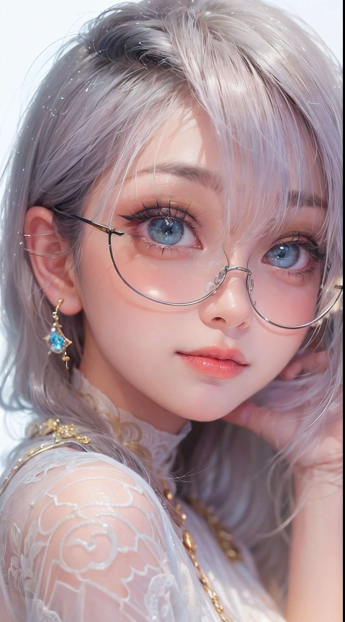 1girll,(Enchanted quality:1.4),(True textured skins of the highest quality), Delicate face,Black hair, Gradient Hair, petite body,(perfect bodies:1.1), There is a jewel on the forehead, rimless eyewear, PUPILS SPARKLING,long eyelasher,grin, hyperphotorealism, Cinematic lighting, projected inset, surrealism, hyper HD, masutepiece, 16 K,Lie down,Dream On,Please wear clear silk pajamas,Carmelto,legs slightly open,tattooed,Fantasy space,Luxurious space