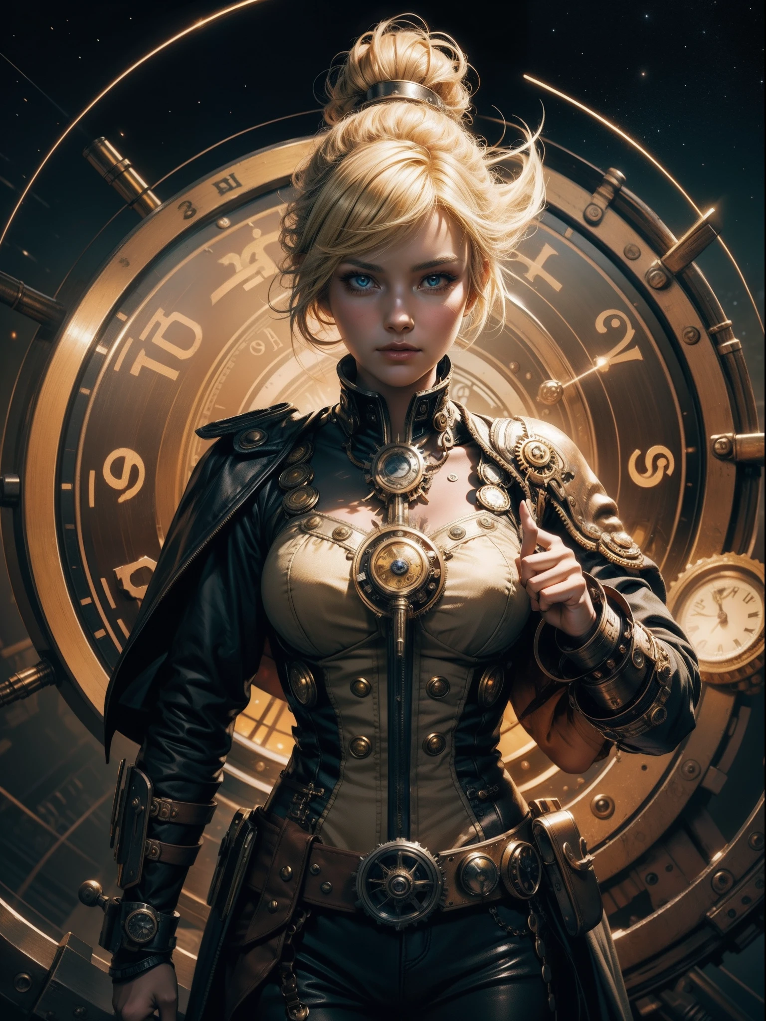 film grain, high quality, warm colors, colorful, OverallDetail, volumetric lighting, backlight, rim light, 1 girl, adult (elven:0.7) woman, yellow eyes, blonde razor cut hair, Style-GravityMagic, solo, (full body:0.6), looking at viewer, detailed background, detailed face, (steampunkai, steampunk theme:1.1) (time sorcerer:1.1), timeless, endless space, circular patterns, clock, clockwork, clock gears, sands of time, energy, dynamic pose, light aura, cosmic space in background, epic atmosphere