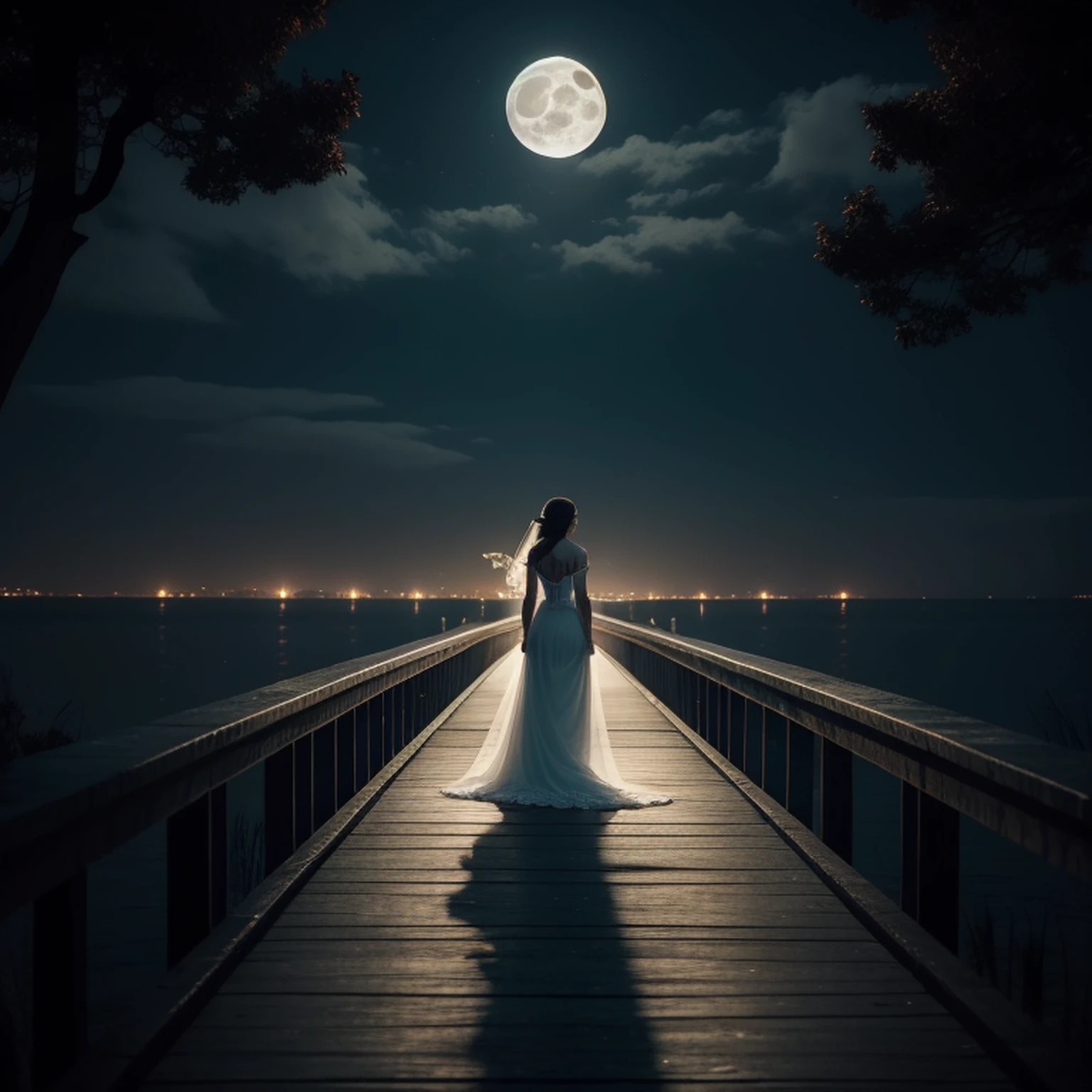 a woman in a white dress walking across a bridge at night, very magical and dreamy, Bela e misteriosa, Noite de luar atmosfera sonhadora, The moon behind her, atmosfera sonhadora e drama, ethereal fairy tale, Noite de Sonho, ethereal beauty, luar e sombras deslumbrantes, sonhador, ethereal and dark, Deusa da Lua, bela noite de luar, walking towards the full moon, fotografia de fantasia