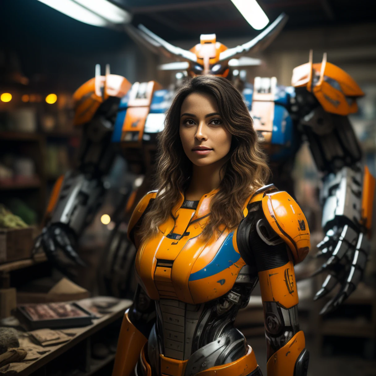 （cinematic masterpiece, Detailed sense of success）There are beautiful women in the photo, e na foto, There's a very large mechanical armor robot in the back, There is a very large mechanical battle suit on the back，fusion of Pacific Rim robot style and Gundam series robot style,estrutura fina, super alta qualidade, perfect lighting, Sombras, Realistic proportions, metal texture, best quality, arte, master part, illustration, color grading, emphasis on an eighth rendering, Trend at Artestation, 8k, circunstanciado, Super Detalhe, anime, High detail, Artee Station, arte, sagrado, filme, edge lighting, Foco suave, contraste claro e escuro, best quality, Movie Lighting, super high definition, 3D rendering, design de personagem de anime de artee original do jogo, 8k ，uma personagem overlord que parece ter olhos azuis brilhantes, no estilo do design futurista de naves espaciais, Krenz Cusharte, prata escura e prata clara, puzzle-like pieces, Minolta SRT-101, Imagem UHD, panoramas impressionantes，Realistic, ultra-high resolution