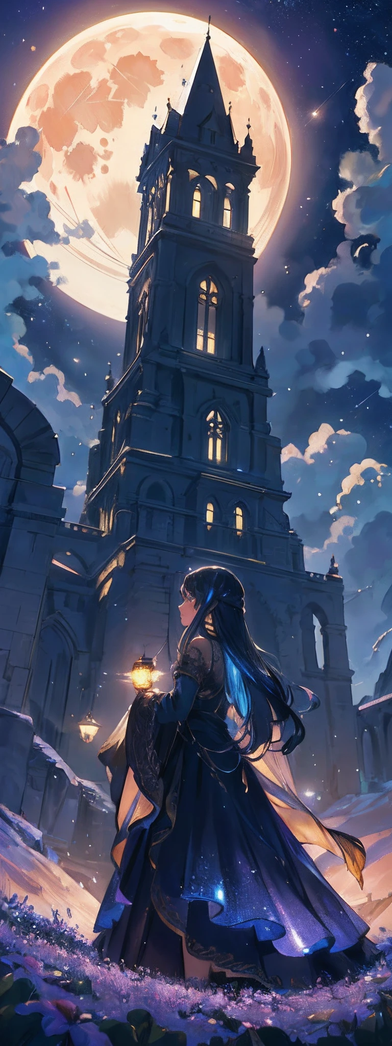 Expansive landscape photograph, (view from below with a view of the sky and wilderness below), girl standing in a flower field looking up, (full moon: 1.2), (shooting star: 0.9), (nebula: 1.3), distant mountain, tree break production art, (warm light source: 1.2), (firefly: 1.2), lamp, purple and orange, intricate detail, volume lighting, realism break (masterpiece: 1.2) (Best Quality), 4K, Ultra-Detailed, (Dynamic Configuration: 1.4), Highly Detailed and Colorful Details, (Iridescent Colors: 1.2), (Glowing Lighting, Atmospheric Lighting), Dreamy, Magical, (Solo: 1.2)