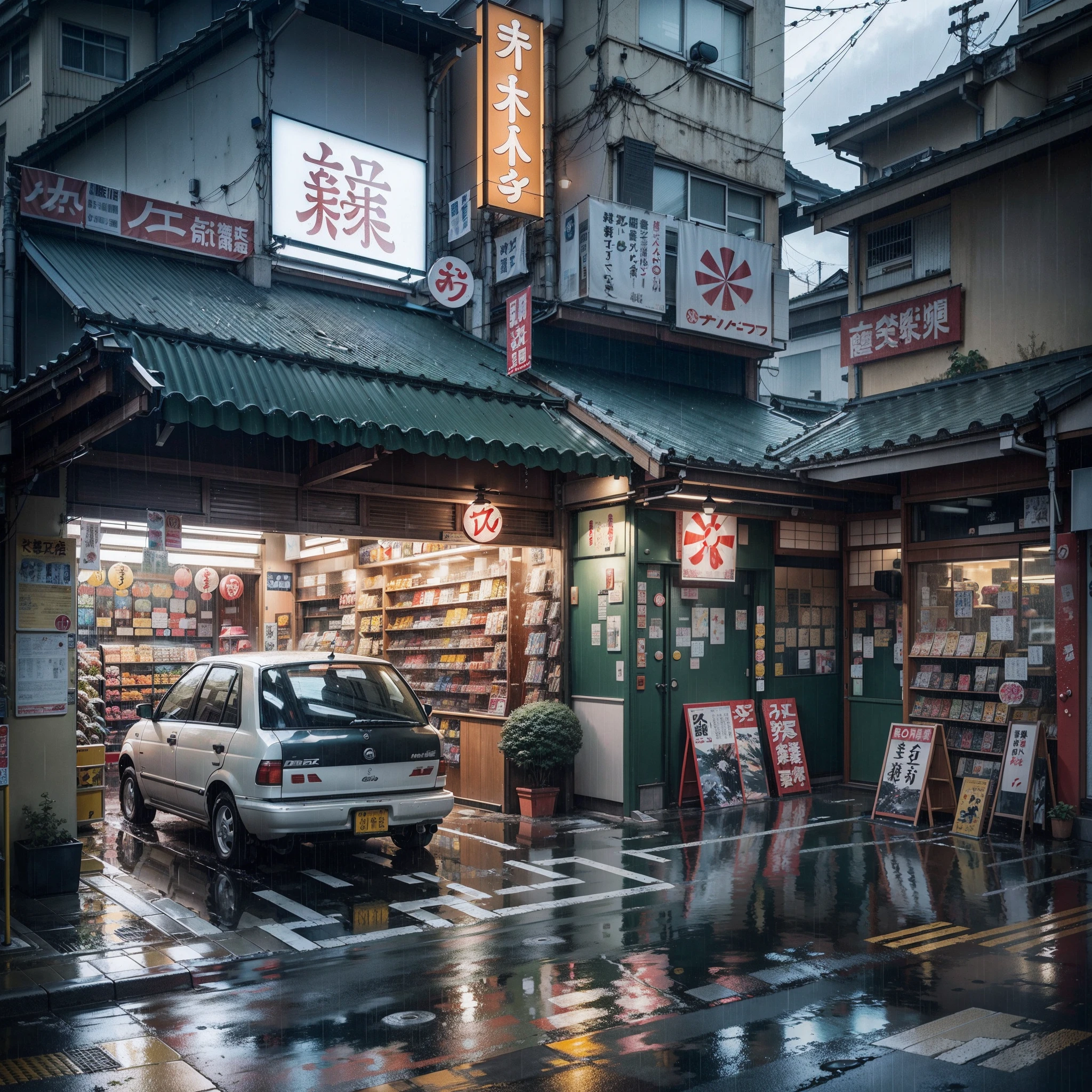 parked car in the middle modern, urban, empty Japanese street. Anime background, anime, anime style. big Japanese shop signs, retro Japanese shop banners. (no one :1), no one in sight. gloomy weather, rain, heavy rainfall, heavy rain, puddles. best quality. no faces