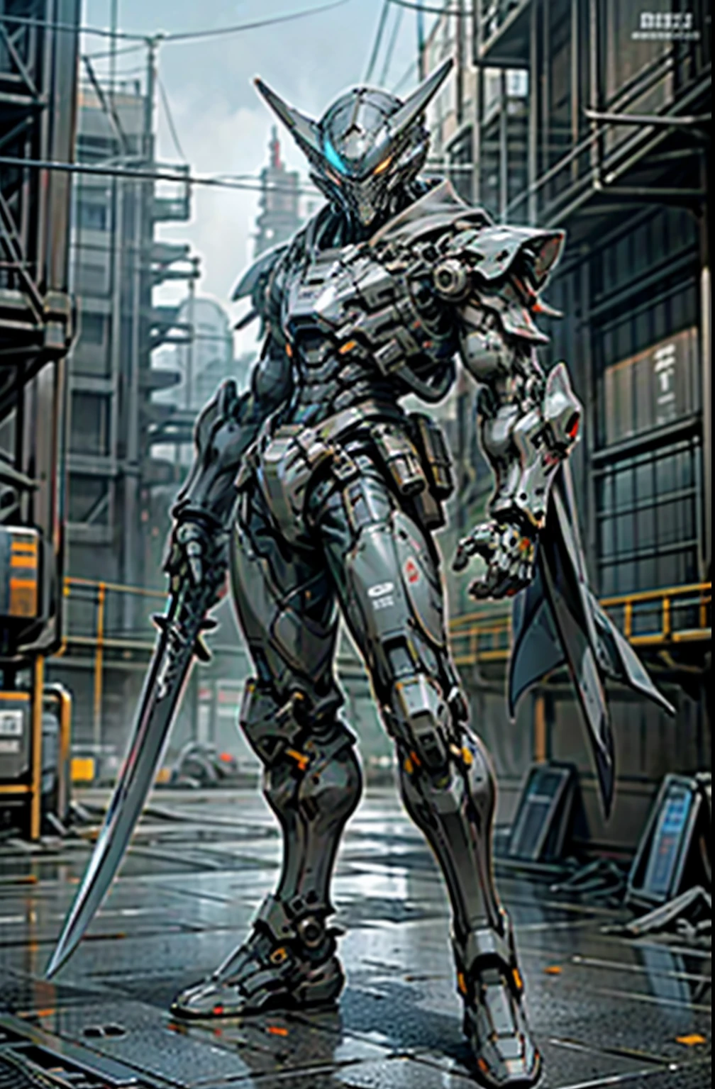 Dark_Fantasy,Cyberpunk,1manMechanical marvel,Robotic presence,Cybernetic guardian, samurai mechanical armour, katana on the waist, absolutely stunning art,wearing a black cloak, highest quality art, highest resolution, hyper detailed,black and blue, futuristic, samurai robot, atmospheric,8k,64k, HD, unparalleled masterpiece, dynamic lighting, cinematic, epic, fighting pose, full-body shot