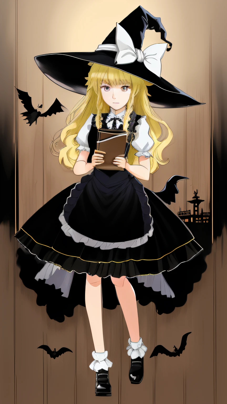 There is a painting of a girl dressed in a witch's costume, the witch, kirisame marisa, kirisame marisa from touhou, classical witch, marisa kirisame, in a halloween style, bright witch, mechanized witch girl, in dress, beautiful cowboy witch, witch academia, portrait of a young witch girl, A witch, Mist Rain Morisha in the Oriental Project of an anime girl in a black dress,She needs to have a book in her hand,Proportional to the whole body,Her gaze was fixed on the book in her hand,The expression is serious,The background is all black,She had a large wooden chest beside her,There was a kerosene lamp on the box,The lights shone on her body