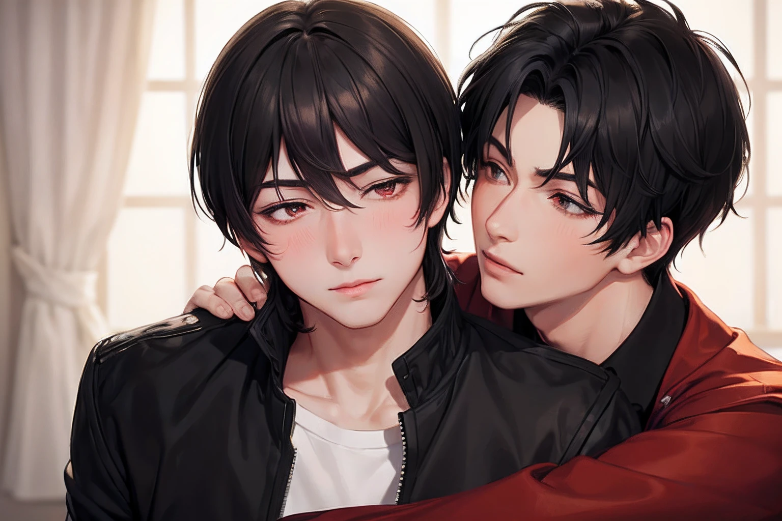 (Masterpiece), (best quality), ((super-detailed)), (photorealistic), (2male), mature male, ((handsum male)), gay, ((yaoi)), eye contact ,hugging , heart,romantic style
BREAK
(male1: red eyes, black hair,jacket,blush,serious)
BREAK
(male2: closed eyes, black hair, very short hair,  green eyes, shirt,smiling),