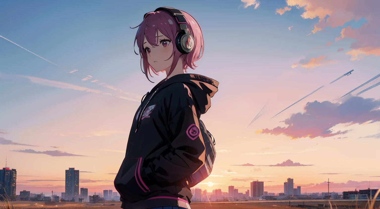 ​masterpiece、top-quality、Movie stills、1girl in、gotou hitori， gotou1，animesque、Pink Shorthair、Pink hair、singers、illustratio、Black hoodie、microphone、headphones、kawaii、Large grasslands、Sunset in the city（Spark：0.7）、Background like Makoto Shinkai