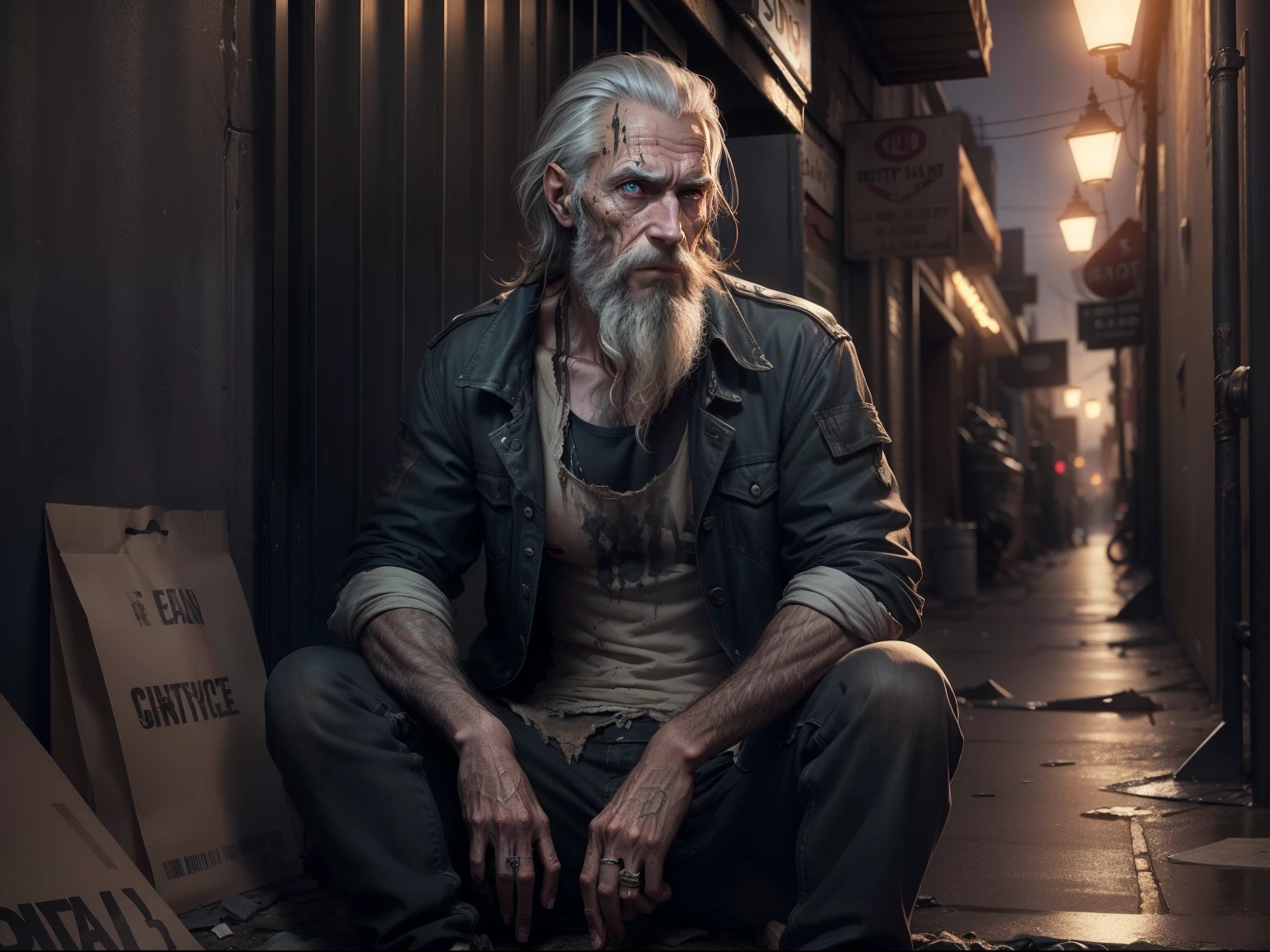 realistic and 8k image of a dirty, emaciated man with a beard, dirty clothes, sitting in a dark and empty night alley, terrified expression