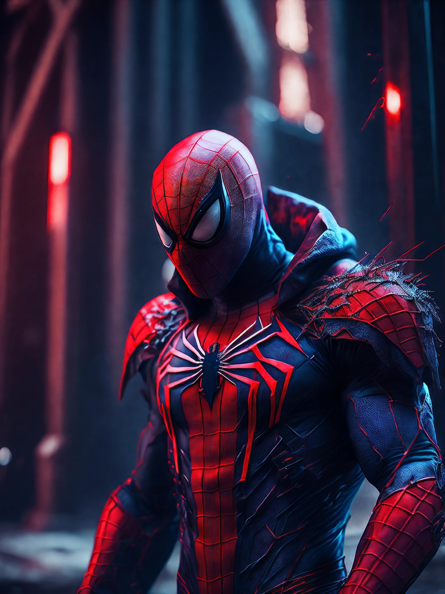 мрачный портрет Killer Spider-Man (The whole suit is covered in blood, torn suit pieces) da Marvel, with intricate and angular cybernetic implants inside a brutalist building, Gothic brutalist cathedral, Cyberpunk, Foto premiada, Bokeh, neon lights, Membro 4K Cyber ,