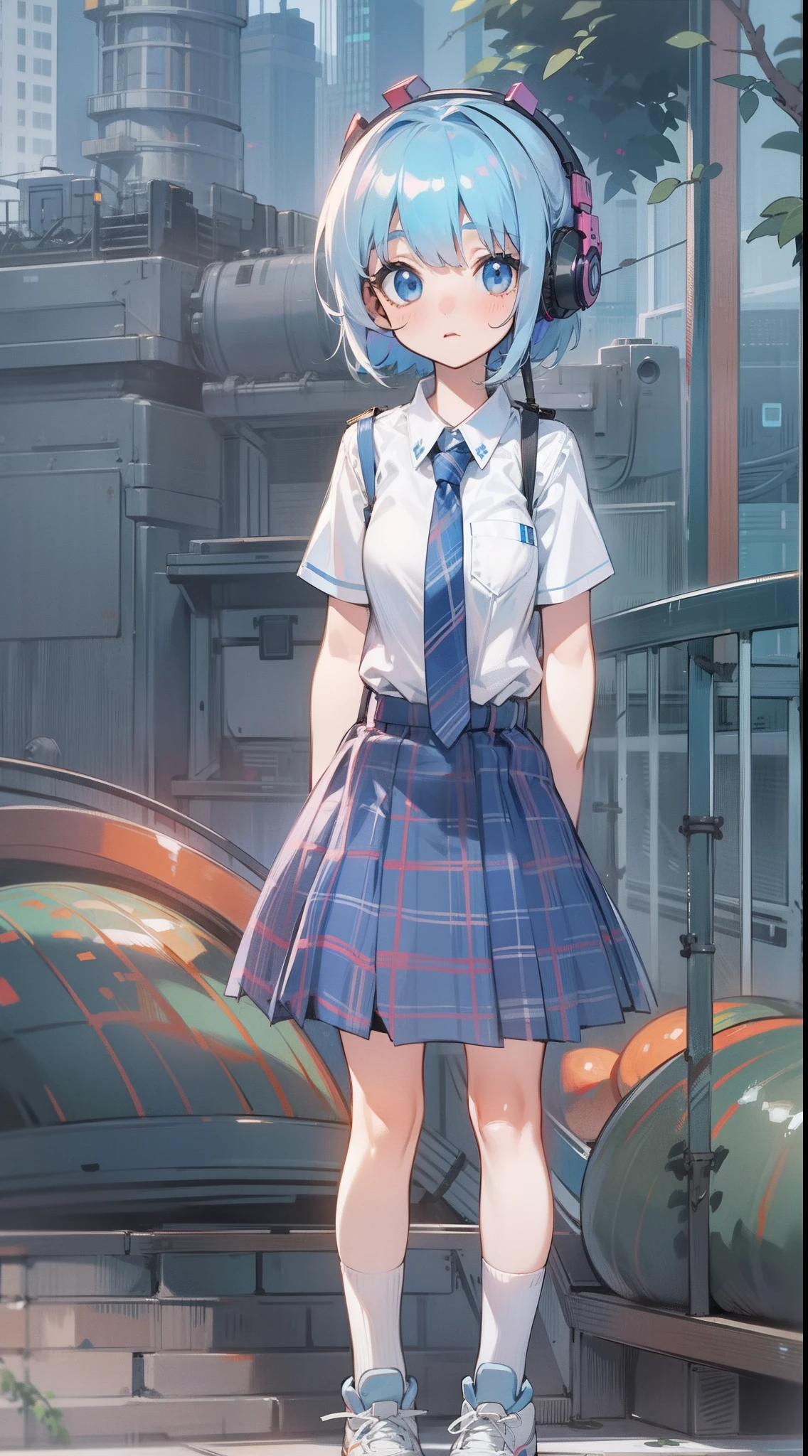 The girl is 18 years old,White melon seed face,Short light blue hair,White color blouse,Blue JK plaid skirt,With a tie,wearing blue headphone