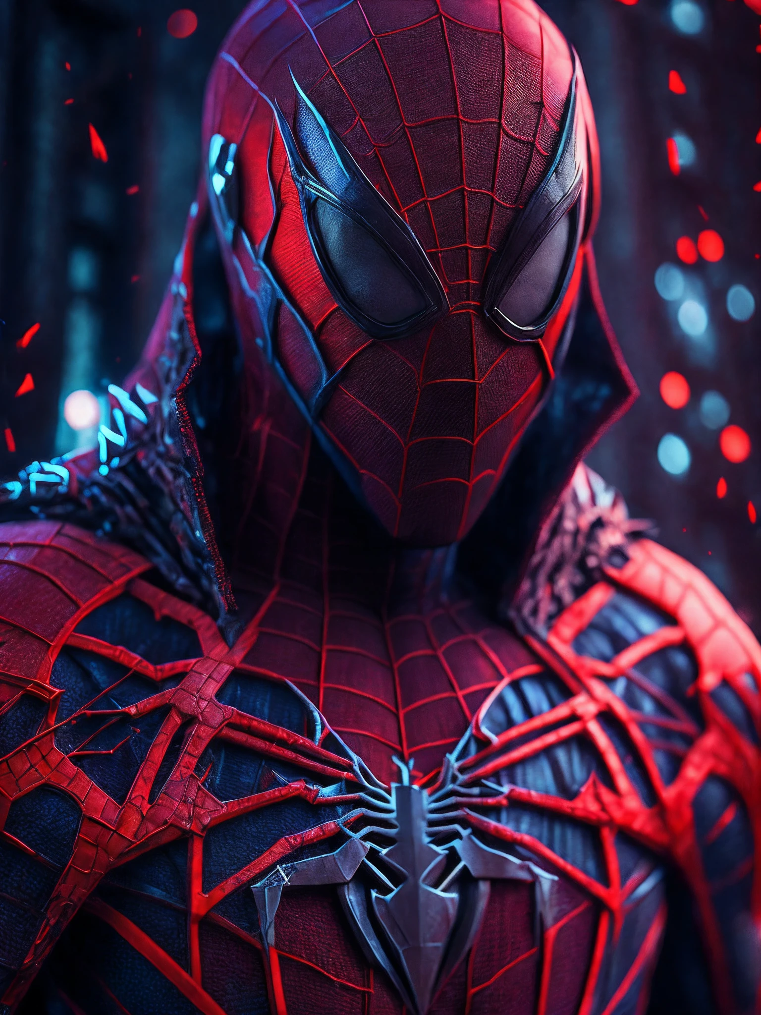 мрачный портрет Killer Spider-Man (The whole suit is covered in blood, torn suit pieces) da Marvel, with intricate and angular cybernetic implants inside a brutalist building, Gothic brutalist cathedral, Cyberpunk, Foto premiada, Bokeh, neon lights, Membro 4K Cyber ,
