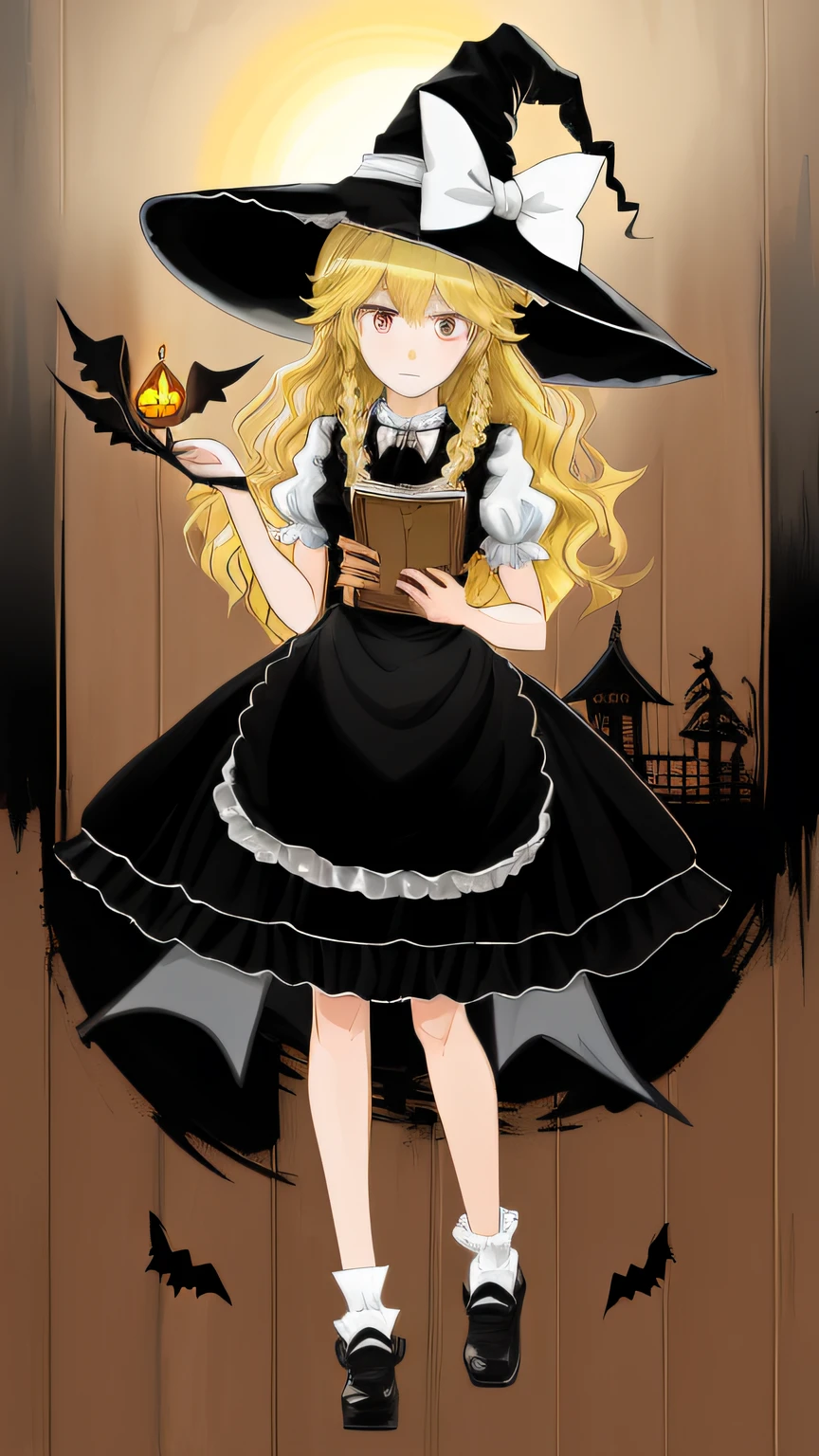 There is a painting of a girl dressed in a witch's costume, the witch, kirisame marisa, kirisame marisa from touhou, classical witch, marisa kirisame, in a halloween style, bright witch, mechanized witch girl, loli in dress, beautiful cowboy witch, witch academia, portrait of a young witch girl, A witch, Mist Rain Morisha in the Oriental Project of an anime girl in a black dress,She needs to have a book in her hand,Proportional to the whole body,Her gaze was fixed on the book in her hand,The expression is serious,The background is all black,She had a large wooden chest beside her,There was a kerosene lamp on the box,The lights shone on her body