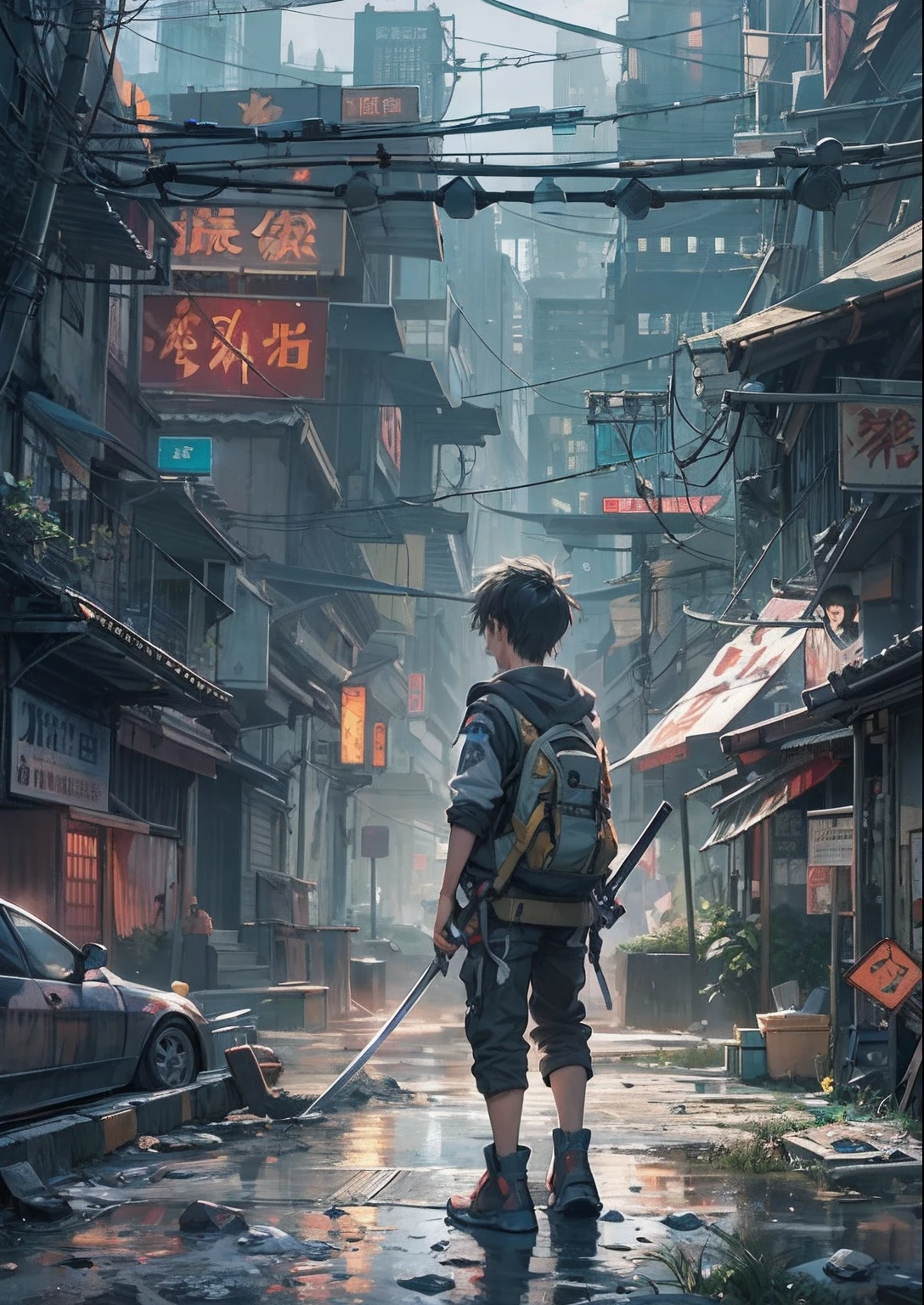 1boy,a 13 yo boy、Cyberpunk Boy、katanas,Spiky hairstyle、Tank Tops、Whole body bloody、Pulling composition、back lighting,The beginning of the adventure、Lots of clouds,heavy fog、Chaotic city of the future、ruined and devastated city、dystopian、A very complex group of buildings stands in the center、Highly complex Chinese buildings、Pretty dim lighting、Dark road、puddles、Chaotic landscape、Beautiful and fantastic scenery、Cinematic scenery、hightquality、masutepiece,8K、hight resolution、ultra-detailliert,
