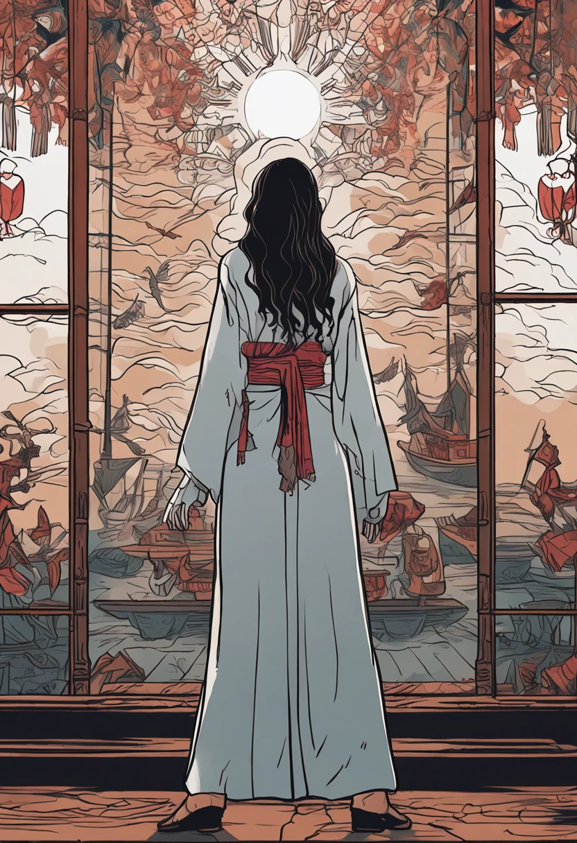 A middle-aged woman，Dressed in white。Raise your arms to hit someone，teary，Heartbroken，irate，In the spiritual hall，A coffin，fog atmosphere，(Chinese folk suspense supernatural comic style),High detail, Sharp focus, Dramatic，The art of painting by Midjourney and Greg Rutkowski, Bokeh on the background，high high quality，4k