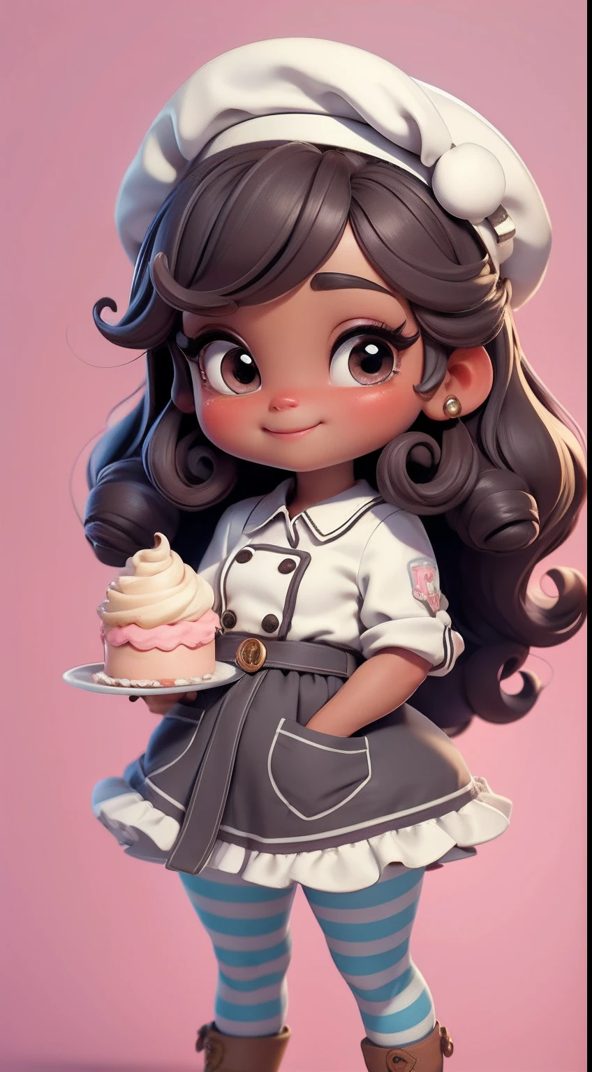Create a series of cute baby chibi style afro dolls with a cute pastry chef theme, each with lots of detail and in an 8K resolution. All dolls should follow the same solid background pattern and be complete in the image, mostrando o (corpo inteiro, incluindo as pernas: 1.5)
Boneca Mini Chef: Chame-a de Marina. Ela deve ter cabelo pequeno em tom preto marrom. Seus olhos devem ser grandes e expressivos, with long eyelashes and rosy cheeks. Sorriso delicado e branco. Sophie deve estar vestida com uma jaqueta de chef, striped pants and an ornate chef's hat. She must hold a chocolate brigadier in her hands. Certifique-se de adicionar detalhes nas roupas, such as buttons and pockets, sapato bonito
Certifique-se de adicionar sombras, texturas e detalhes nos cabelos, roupas, confectionery utensils, to make them even more adorable and charming.