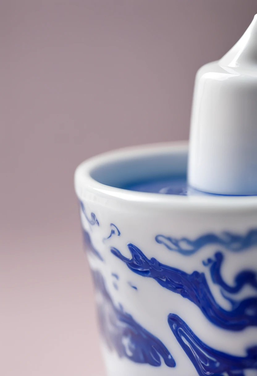 Close-up of a bottle of lotion on the table, dripping blue natural iwakura, japanese collection product, head and shoulders masterpiece, full head and shoulders, Only the head and shoulders, Milky white skin, not cropped, designer, organic ceramic white, exploitable image, liquid high glossy, Beautiful design, Porcelain white skin, product image, shirow masamune