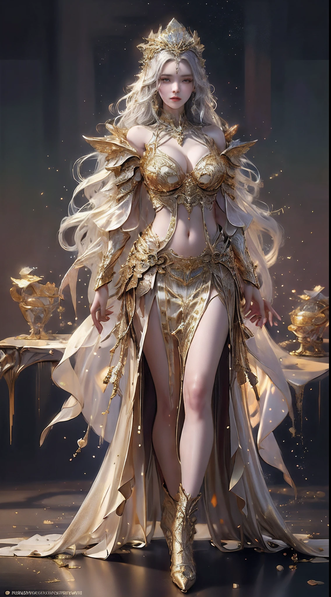 Woman in a golden transparent dress,view the viewer,(Spread legs),(((Huge breasts, Large cleavage))),Slim waist,(navel baring,Bare waist), Long hair, Ultra-detailed details,High-end Zhenyi station, Rainstorm site, detailed fantasy art, Stunning character art, Beautiful and exquisite character art, Beautiful gold and silver armor, Extremely detailed, Girl in shiny armor,High heels, Exquisite tiaras and jewelry,Crystal jewelry filigree, milky ways, Stunning visuals, (dynamic streaks, light tracks:1.2), Vibrant colors,Pearls and jewelry,jewelry, Pedras preciosas, Pedras preciosas,Jevie,diamonds, Pedras preciosas