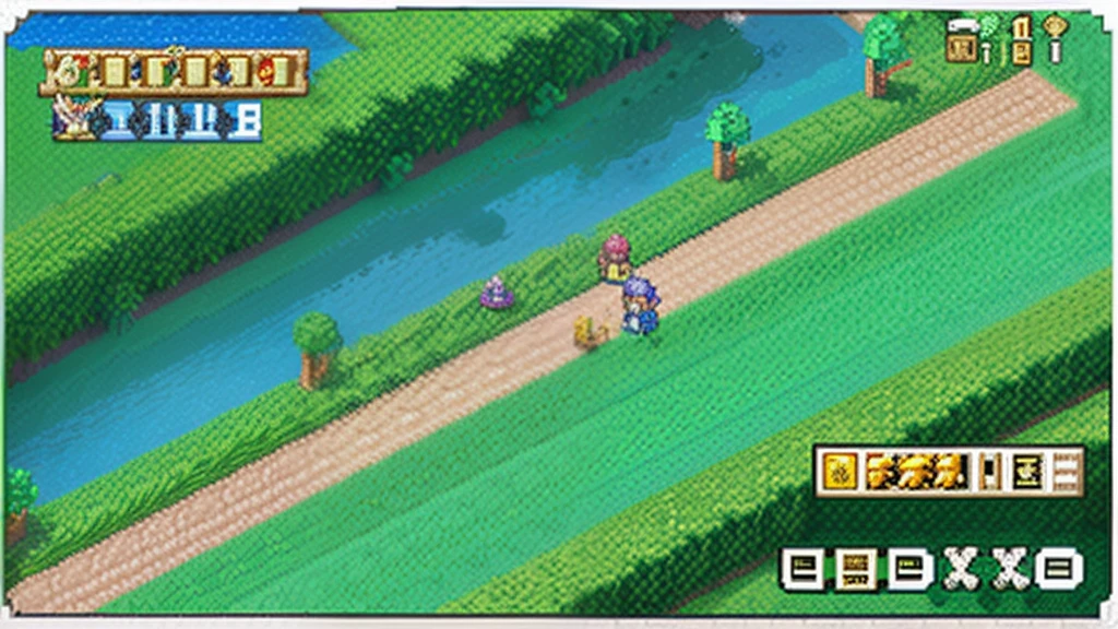鸟山明风格,Flat pixel games《dragon quest》,Game scene design,(a paradise:1.4),16-bit pixels