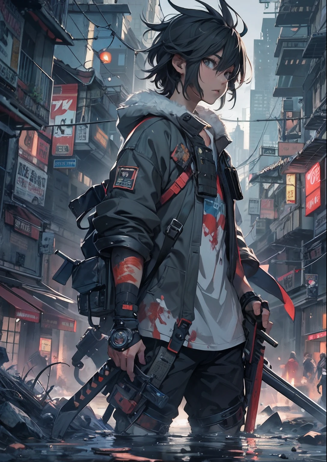 1boy,、Cyberpunk Boy、katanas,Spiky hairstyle、Tank Tops、Whole body bloody、Pulling composition、back lighting,The beginning of the adventure、Lots of clouds,heavy fog、Chaotic city of the future、ruined and devastated city、dystopian、A very complex group of buildings stands in the center、Highly complex Chinese buildings、Pretty dim lighting、Dark road、puddles、Chaotic landscape、Beautiful and fantastic scenery、Cinematic scenery、hightquality、masutepiece,8K、hight resolution、ultra-detailliert,