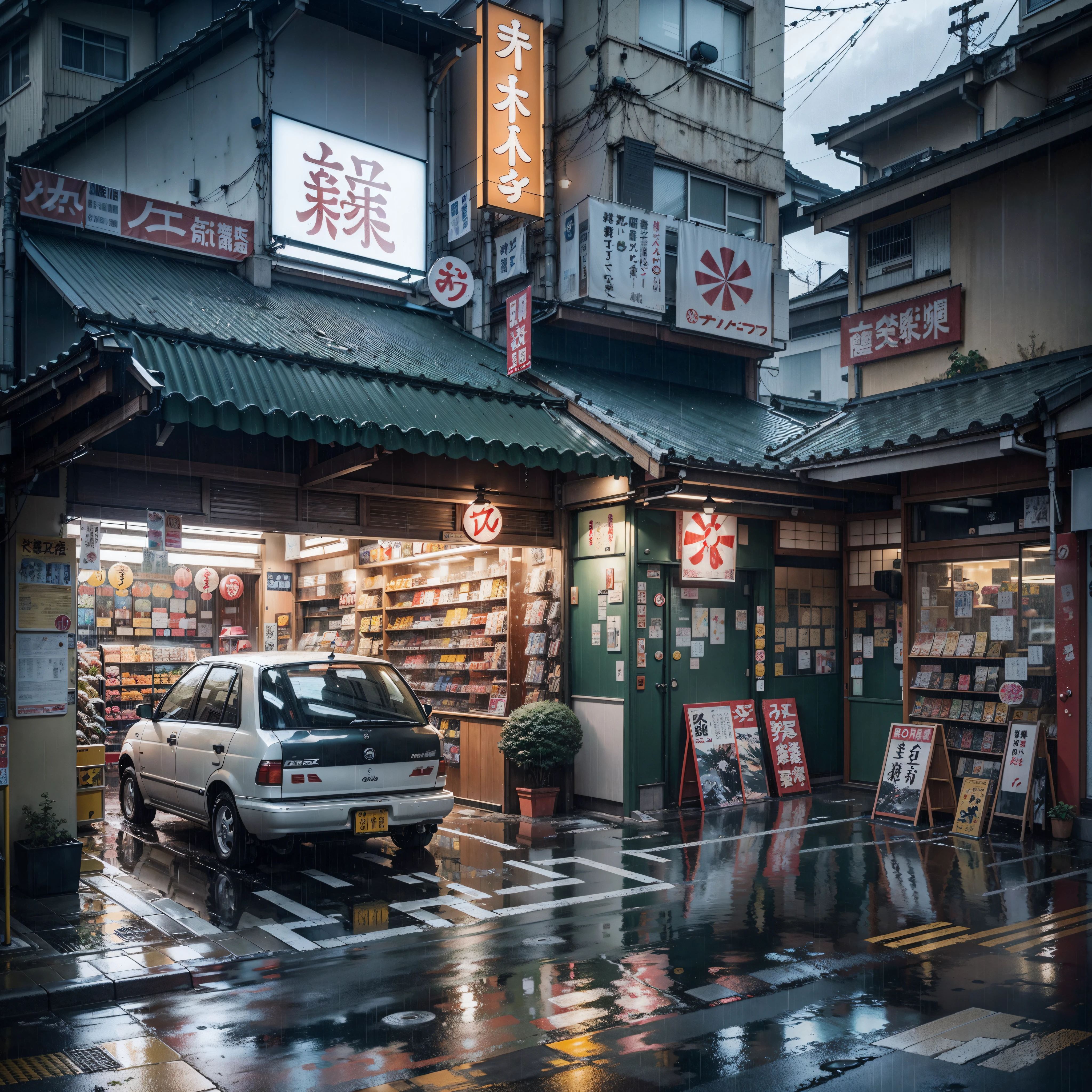 parked car in the middle modern, urban, empty Japanese street. Anime background, anime, anime style. big Japanese shop signs, retro Japanese shop banners. (no one :1), no one in sight. gloomy weather, rain, heavy rainfall, heavy rain, puddles. best quality. no faces