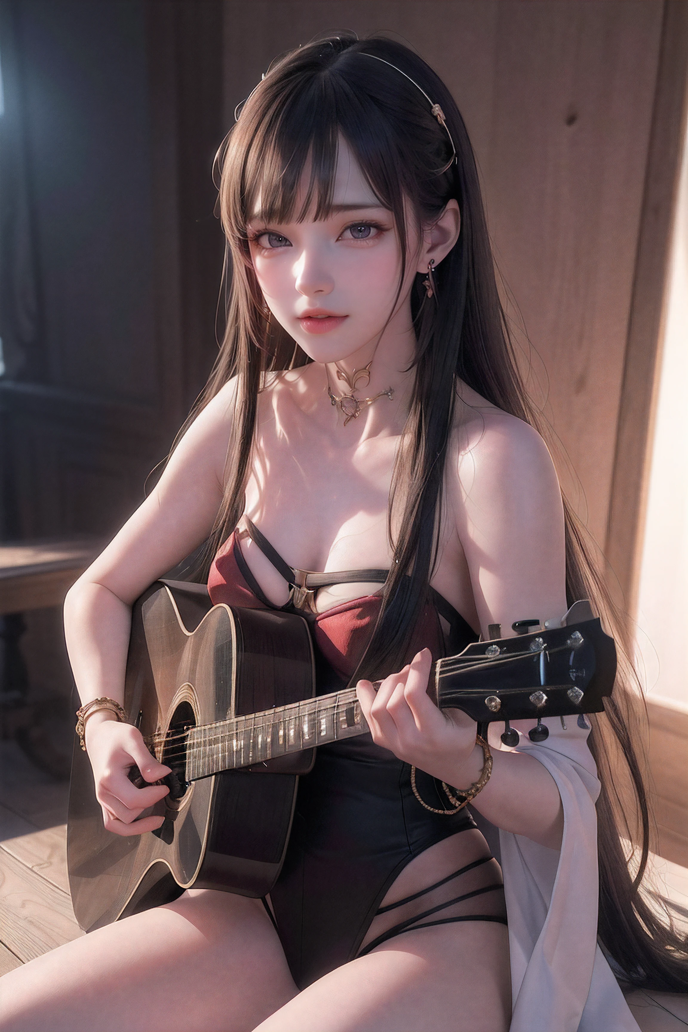 (8k, RAW photo, best quality, masterpiece:1.2),(realistic, photo-realistic:1.37),photo mapping,professional lighting,radiosity,1girl,solo,long_hair,(bracelet:1.1),(long legs:1.2),(earrings:1.1),physically-based rendering,proscenium,performance,be seated,unconventional guitar,close up to hands,