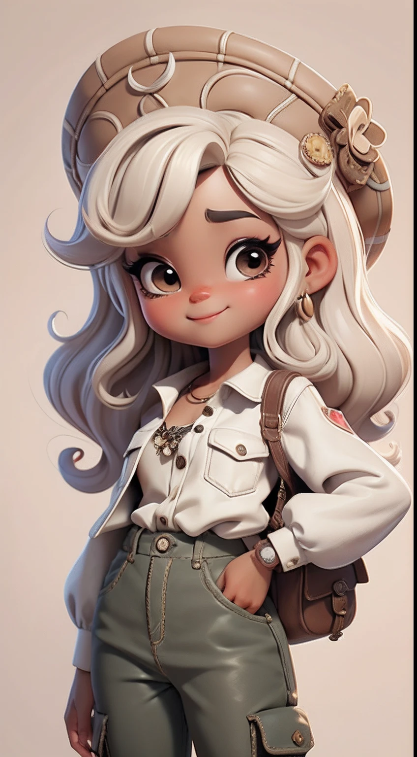 Create a series of cute chibi style afro dolls with a cute safari theme, each with lots of detail and in an 8K resolution. All dolls should follow the same solid background pattern and be complete in the image, mostrando o (corpo inteiro, incluindo as pernas: 1.5)
Boneca Mini Safari: Chame-a de Marina. Ela deve ter cabelo pequeno em tom preto marrom. Seus olhos devem ser grandes e expressivos, with long eyelashes and rosy cheeks. Sorriso delicado e branco. Marina deve estar vestida com uma jaqueta, Camiseta, pants and an ornate safari hat. She must hold safari accessories. Certifique-se de adicionar detalhes nas roupas, such as buttons and pockets, sapato bonito
Certifique-se de adicionar sombras, texturas e detalhes nos cabelos, roupas, Safari utensils, to make them even more adorable and charming.