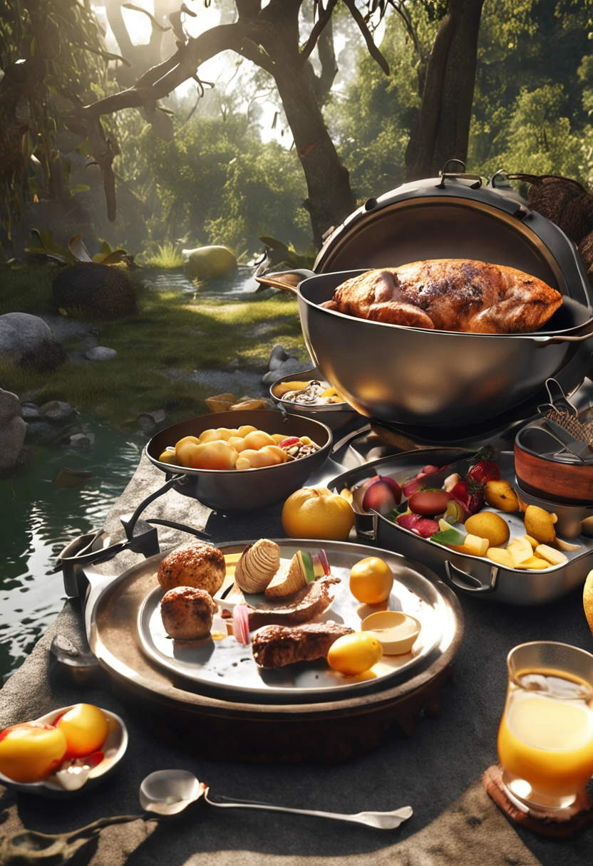 An outdoor egg table，There are portable stoves and aluminum pots on top，And fruits、steak、Croissants and other delicacies，The viewing angle is 70 degrees downward，A grass and stream in the background，The midday light is bright and low，Cinematic shot-style，Unreal Engine，trending on artstation
