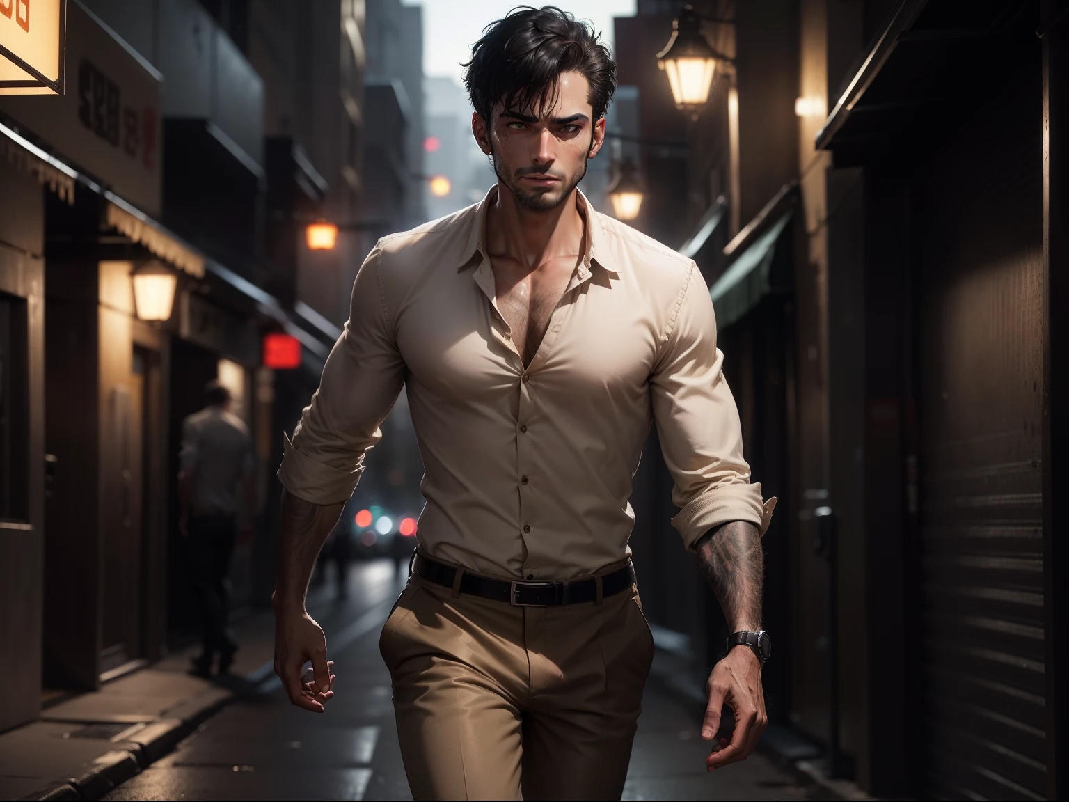 Ultra realistic 8k image of a thin 25 year old male, short black hair, extremely detailed eyes, dressed in a beige button-up shirt and beige pants, eyes half closed, teeth clenched, walking in a dark, dirty night alley, expression of pain, sweating night