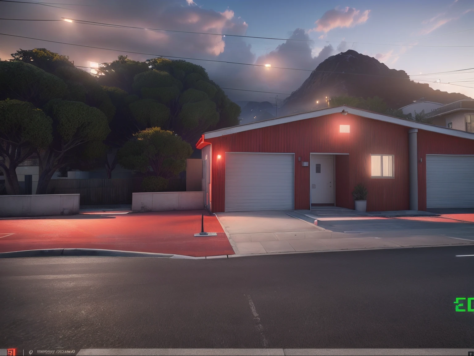 There is a white house with a red roof and a red roof, Lumion Pro rendering, night ligthning, ((gta 5 casa screenshot)), renderizado no lumion pro, renderizado em unidade 3 d, renderizado em unreal engine 3d, semi-realistic rendering, fully detailed render, captura de tela fotorrealista, realista estabelecendo tiro, renderizado no Unreal Engine 3, renderizado em lumion, renderizado no motor arnold