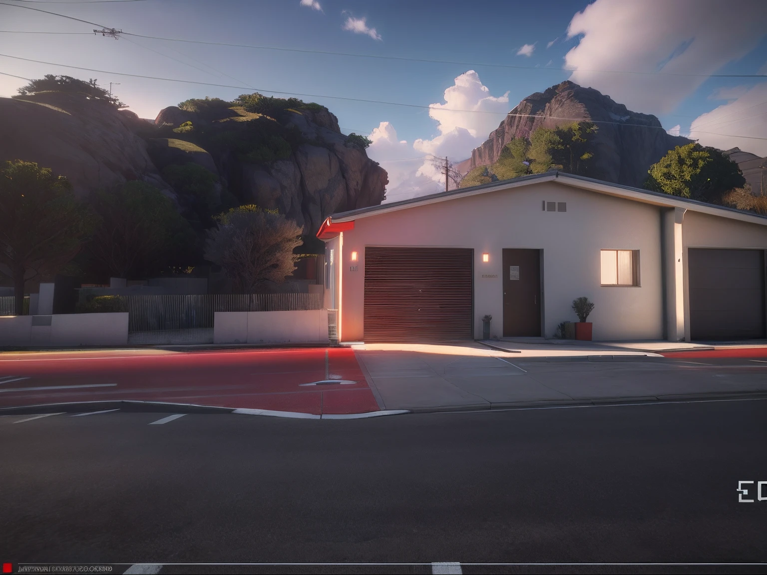 There is a white house with a red roof and a red roof, Lumion Pro rendering, night ligthning, ((gta 5 casa screenshot)), renderizado no lumion pro, renderizado em unidade 3 d, renderizado em unreal engine 3d, semi-realistic rendering, fully detailed render, captura de tela fotorrealista, realista estabelecendo tiro, renderizado no Unreal Engine 3, renderizado em lumion, renderizado no motor arnold