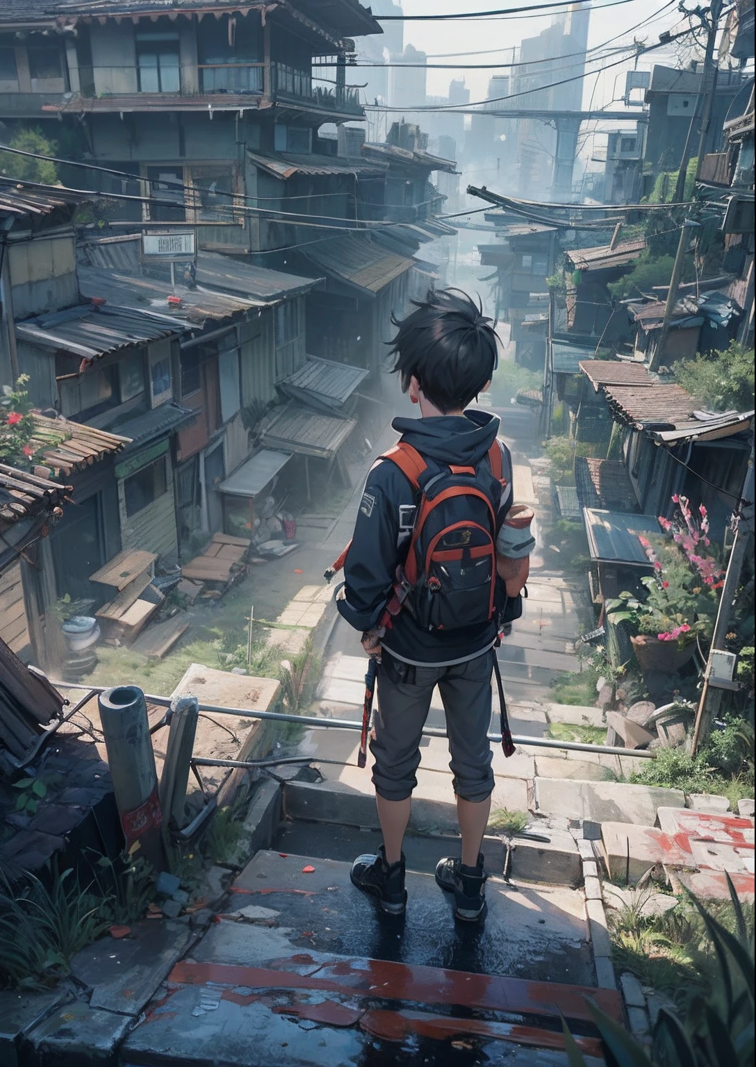 1boy,a 13 yo boy、Cyberpunk Boy、katanas,Spiky hairstyle、Tank Tops、Whole body bloody、Pulling composition、back lighting,The beginning of the adventure、Lots of clouds,heavy fog、Chaotic city of the future、ruined and devastated city、dystopian、A very complex group of buildings stands in the center、Highly complex Chinese buildings、Pretty dim lighting、Dark road、puddles、Chaotic landscape、Beautiful and fantastic scenery、Cinematic scenery、hightquality、masutepiece,8K、hight resolution、ultra-detailliert,