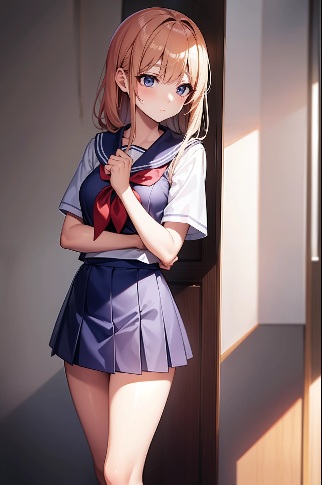 Sick high school girl in sailor suit in miniskirt in infirmary