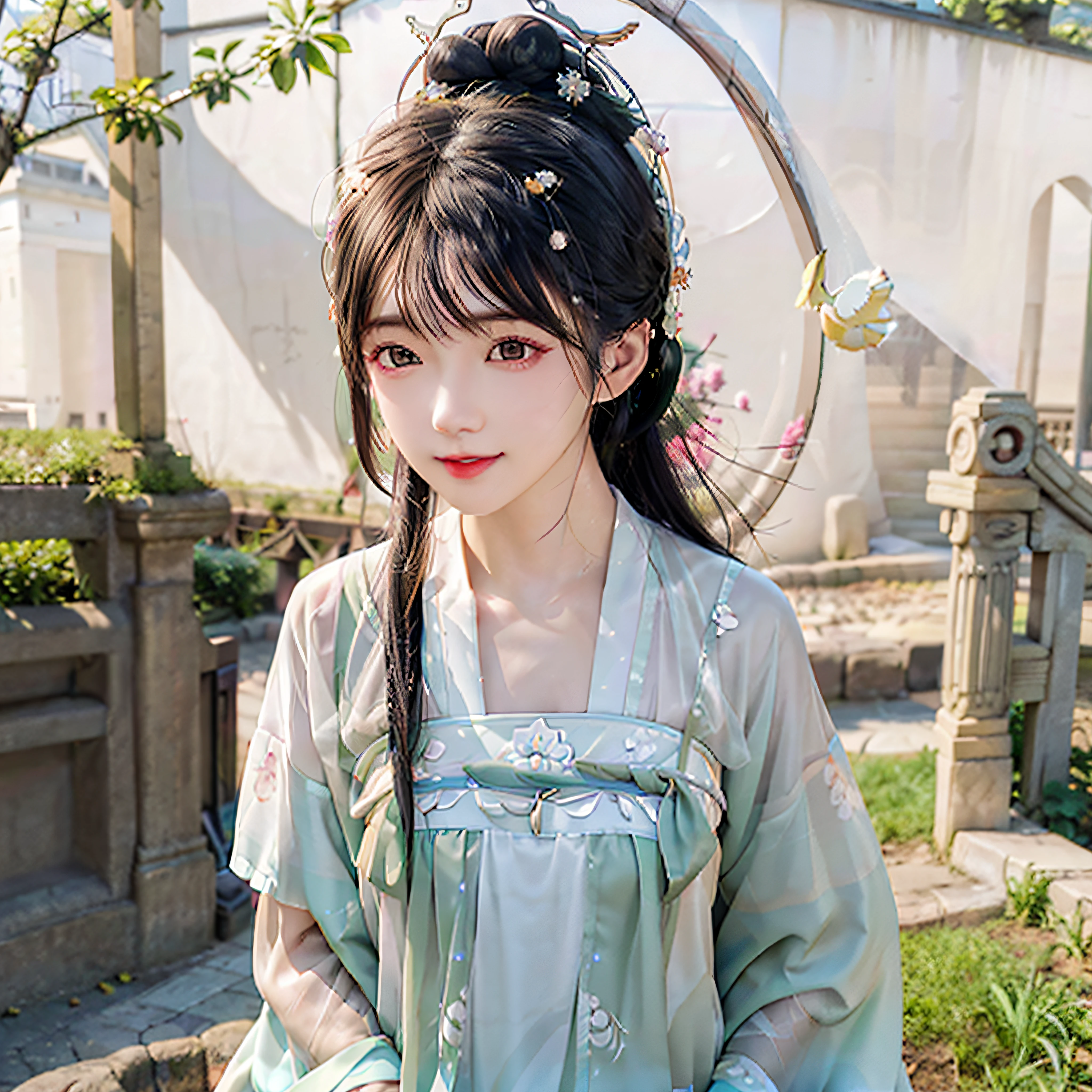 (Chinese landscape),1个Giant Breast Girl,Close-up of upper body portrait,Excellent lighting,adorable expression,A flower is worn on his head,Light green skirt,(springtime,Sunnyday,Field side),Simple vector art, Contemporary Chinese art, Gradient of color, Pastel color palette, Hierarchical form, Whimsical picture