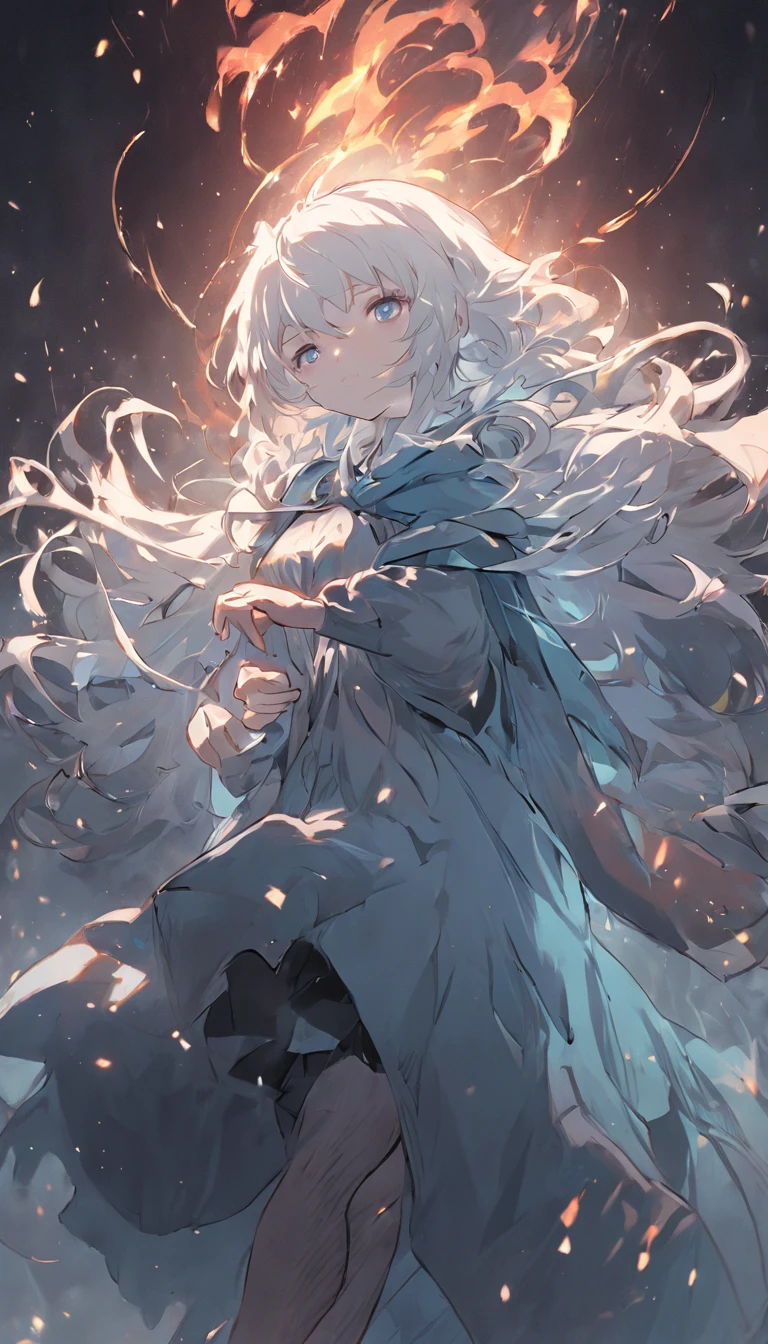 1girll,White hair,witch,Dark Souls style,Best quality,(Light blue dress:1.5),Fire magic