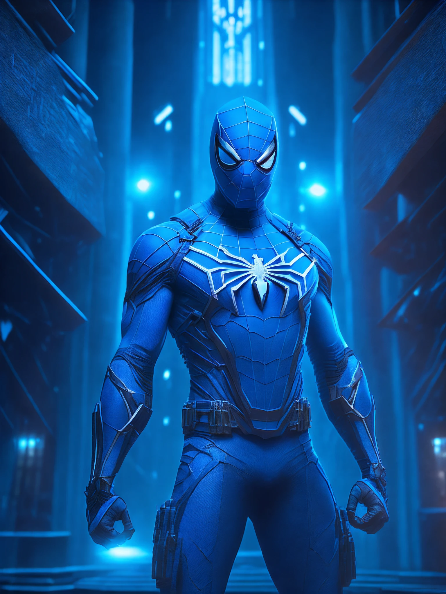 мрачный портрет Killer Spider-Man (roupa azul) da Marvel, with intricate and angular cybernetic implants inside a brutalist building, Gothic brutalist cathedral, Cyberpunk, Foto premiada, Bokeh, neon lights, Membro 4K Cyber ,