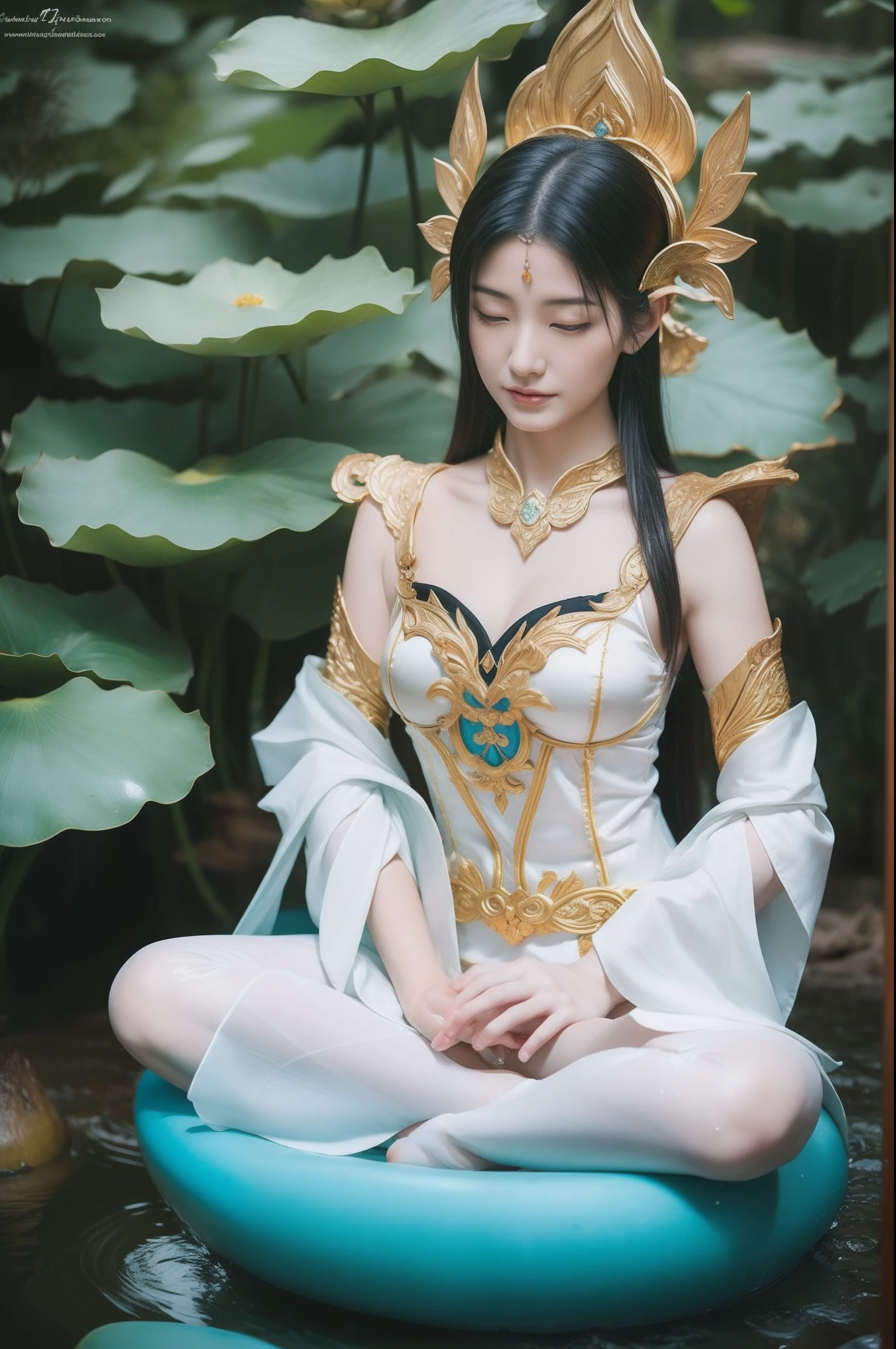 Sexy Zen Avalokiteshvara meditates while sitting on a lotus throne,(Yoga lotus sitting),(complete,Delicate and good-looking face),(Get wet all over your body)