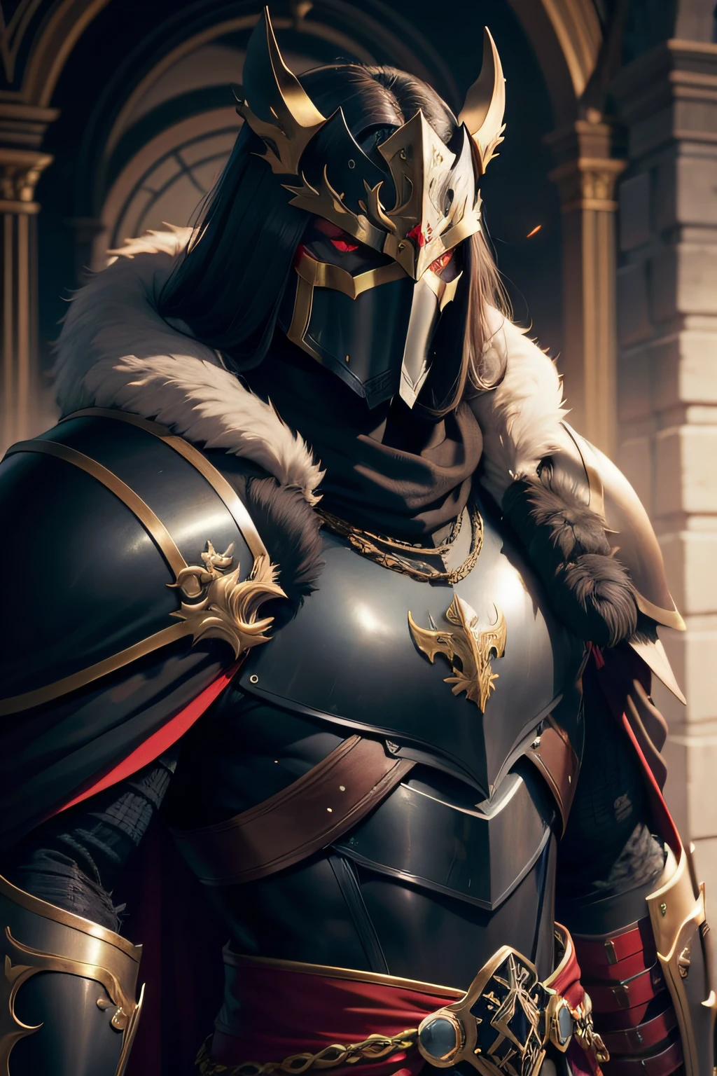 Man, cavalier, Red eyes behind the mask, Large and heavy black armor，With gold fittings, Fur cape, Evening,