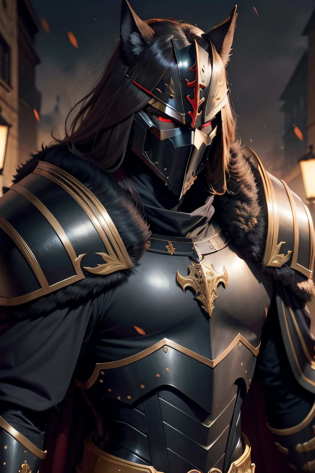 Man, cavalier, Red eyes behind the mask, Large and heavy black armor,With gold fittings, Fur cape, Evening,