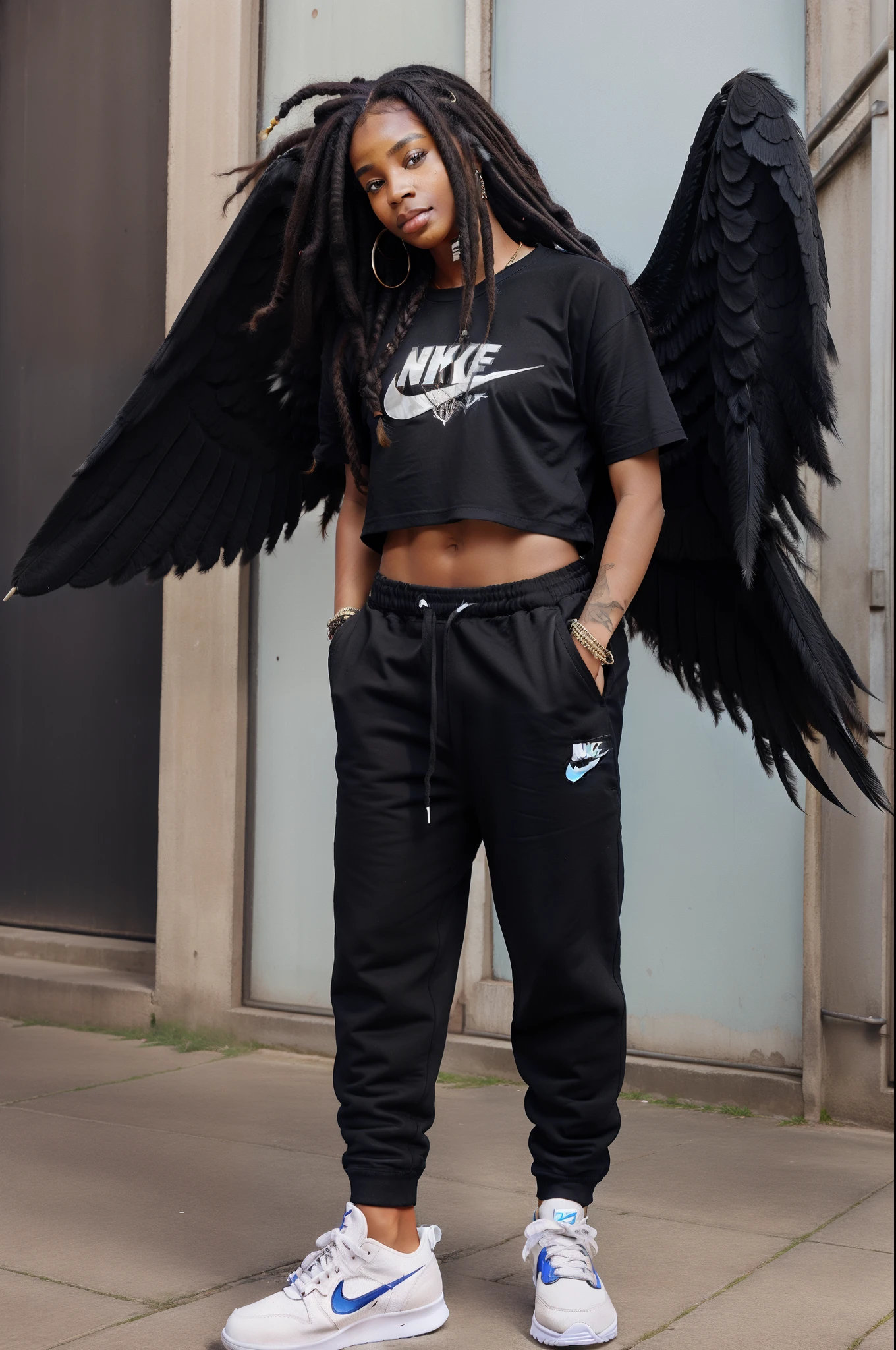 Flying black female angel with huge wings wearing baggy saggy urban clothing nike sneakers and dreadlock hair