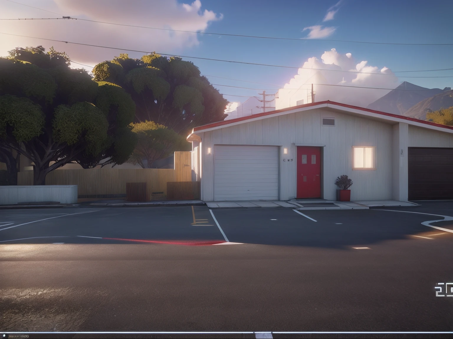 There is a white house with a red roof and a red roof, Lumion Pro rendering, night ligthning, ((gta 5 casa screenshot)), renderizado no lumion pro, renderizado em unidade 3 d, renderizado em unreal engine 3d, semi-realistic rendering, fully detailed render, captura de tela fotorrealista, realista estabelecendo tiro, renderizado no Unreal Engine 3, renderizado em lumion, renderizado no motor arnold