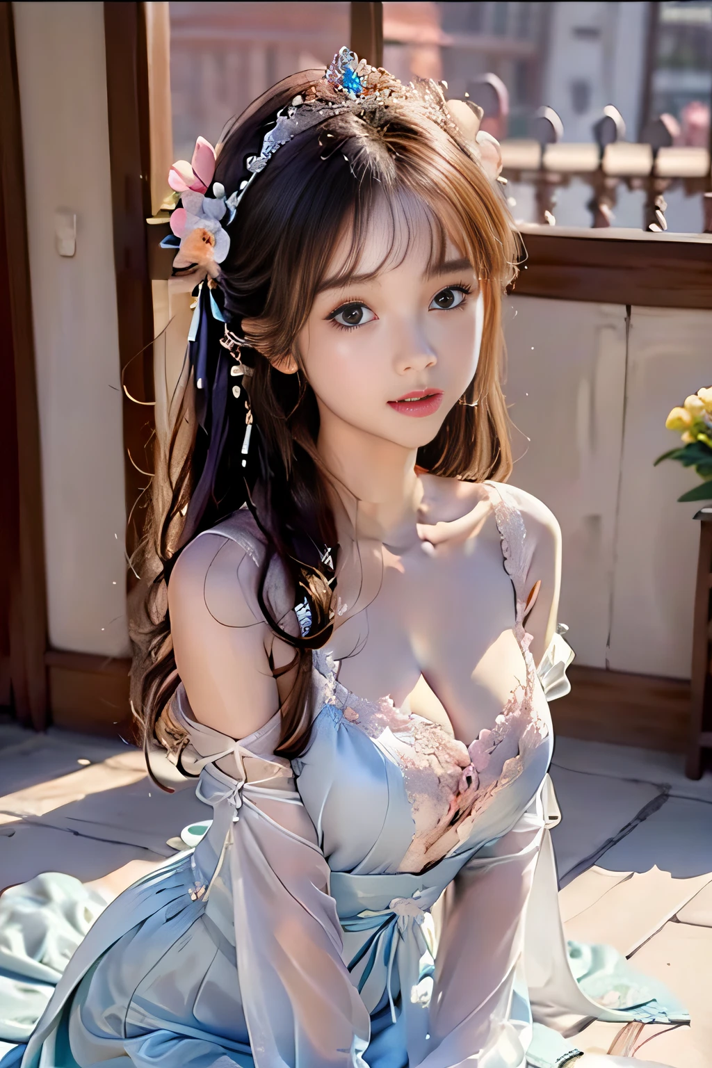 small li ，,princess 8 yeald old cute, Master picture quality, Highest quality, Best picture quality, Exaggerated details, The expression is shy,a close up of a , Super beautiful,Long hair, Very exaggerated and compact, Round breasts , Pose in front of the camera, ,, Wet-breasted Hanfu open V-chested clothes, All pictures, Wet body of thin silk fabric, Thin silk lace petticoat,princess 8 yeald old cute, (huge boobs，cleavage),petticoat, white pink, blue ，best qualtiy，tmasterpiece，超高分辨率，（真实感：1.4），RAW photogr，（True skin texture：1.3），（filmgrain：1.3），（Selfie angle），1个Giant Breast Girl，Beautiful eye and face details，tmasterpiece，Best quality at best，exposing thighs，Bigchest，The chest is more exposed，short detailed hair，facing at camera
