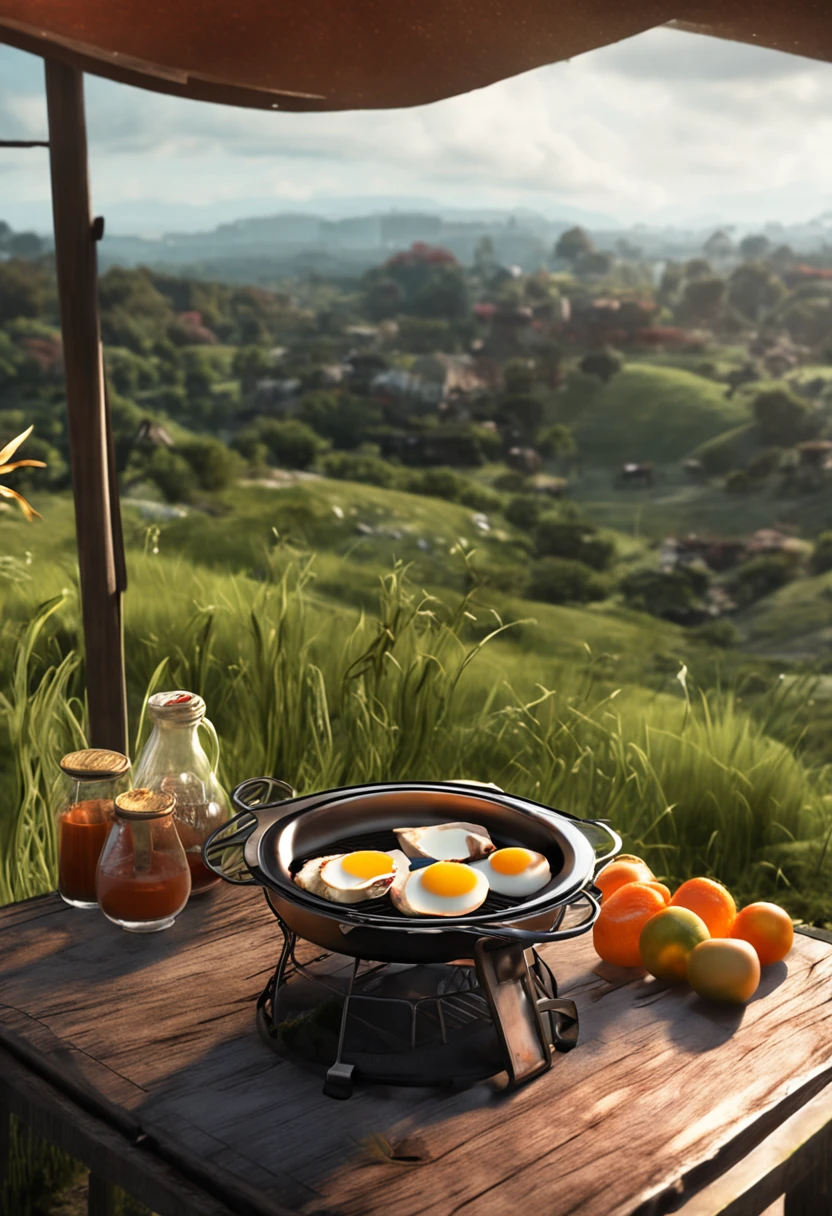An outdoor egg table,There are portable stoves and aluminum pots on top,And fruits、steak、Croissants and other delicacies,The viewing angle is 70 degrees downward,A grass and stream in the background,The midday light is bright and low,style of photography,真实感,Unreal Engine,trending on artstation
