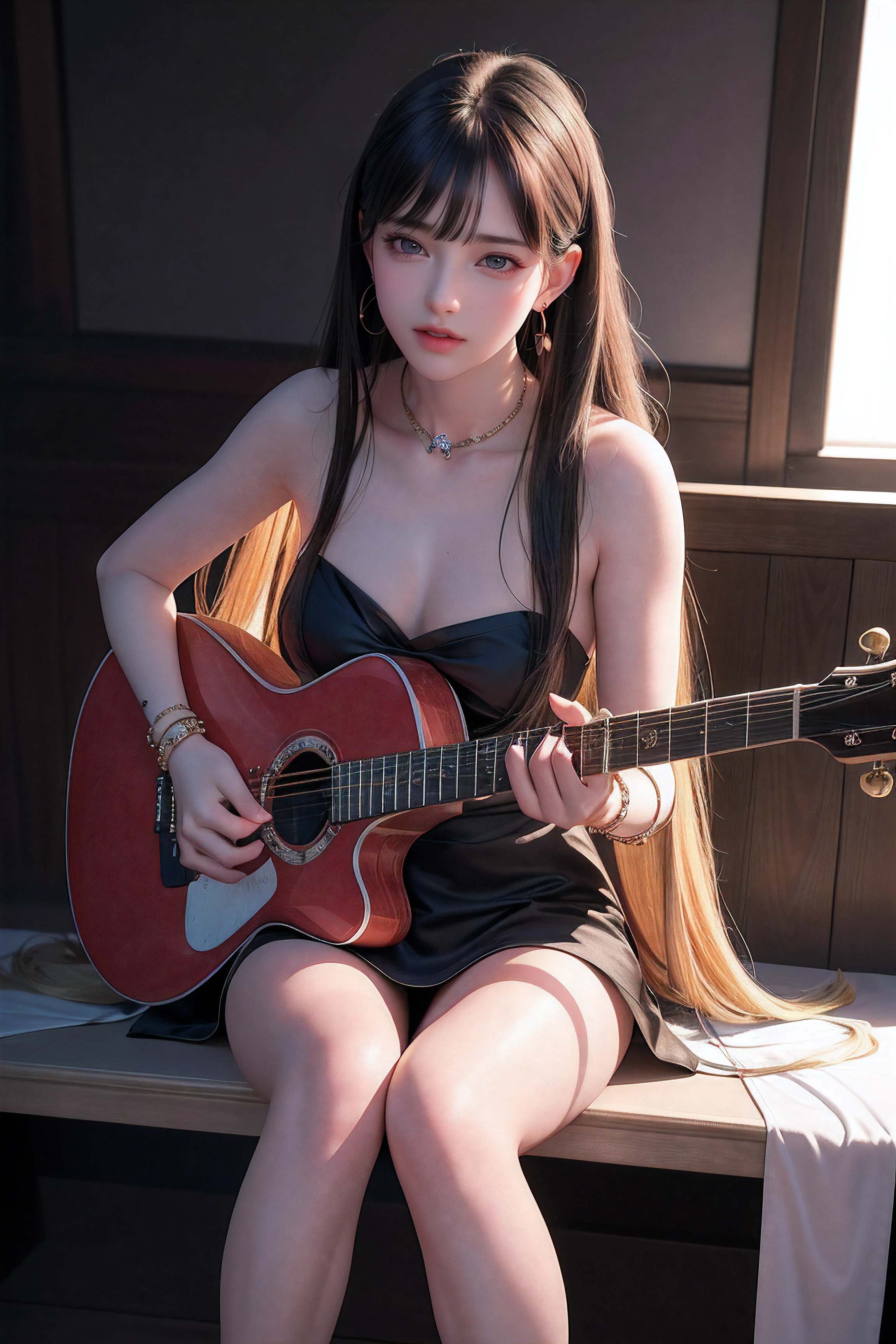 (8k, RAW photo, best quality, masterpiece:1.2),(realistic, photo-realistic:1.37),photo mapping,professional lighting,radiosity,1girl,solo,long_hair,(bracelet:1.1),(long legs:1.2),(earrings:1.1),physically-based rendering,proscenium,performance,be seated,unconventional guitar,close up to hands,