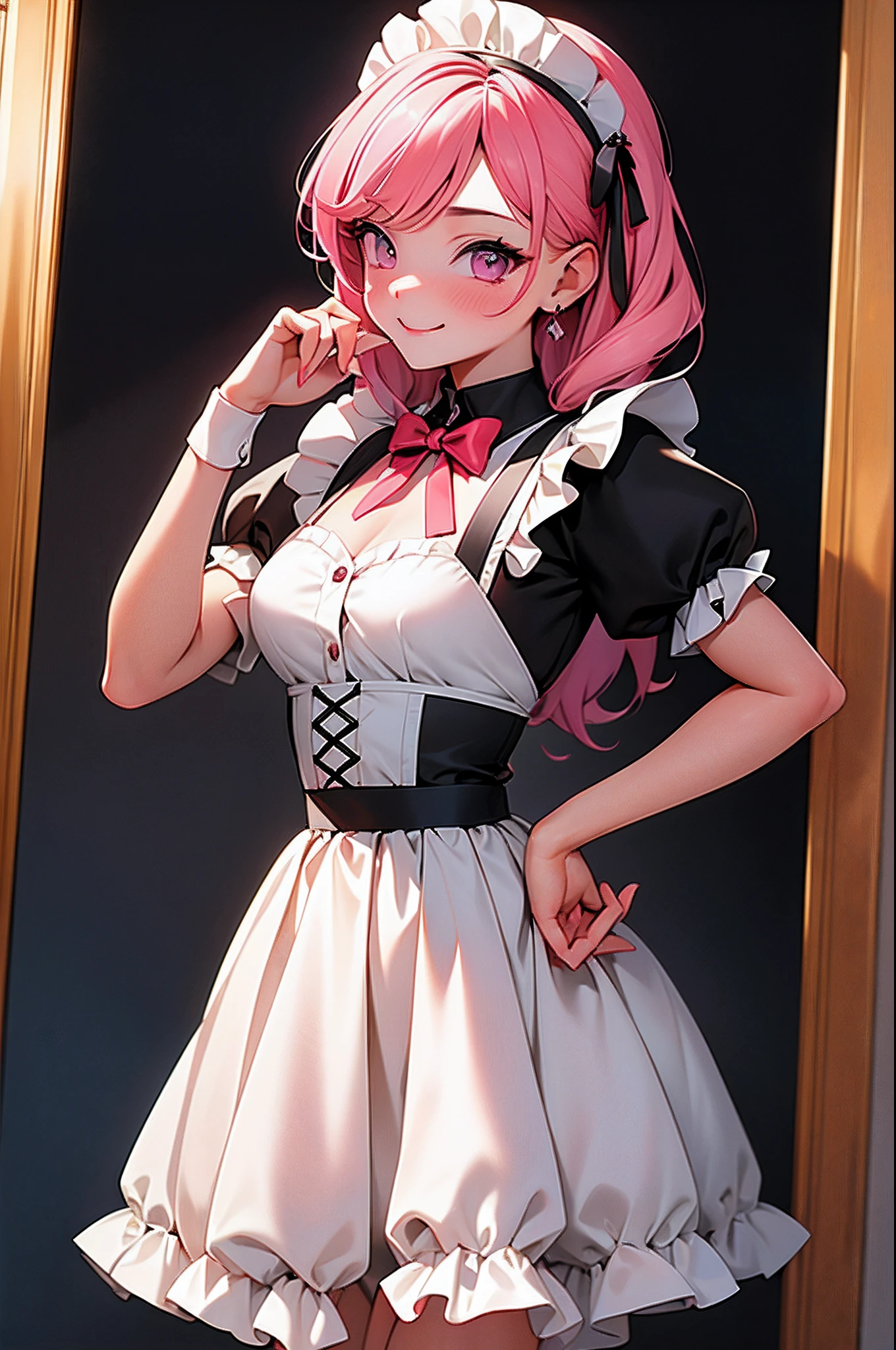 masterpiece, best quality, absurdres, 1girl, beta_ie, maid, smile, cute, blush, pink eyes, standing,