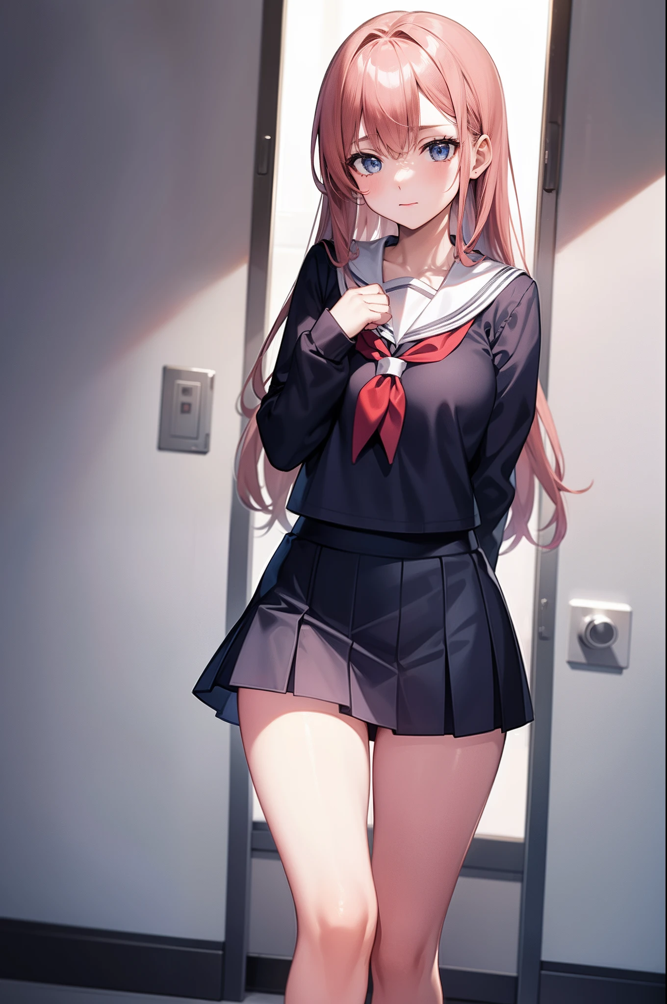 ((Miku Nakano, Long hair, Bangs, Blue eyes, Brown hair, hair between eye, headphones, headphones around neck,))full,Body,1_girl,( Solo_Female),One_girl, masutepiece, Insanely hot standing (woman 1) Use something sexy ((School uniform)), (((Lifted skirt)), (Thin thief), (fear expression), blushed face,  Eyes,   hair, very small boobs, Hair tied in red ribs, Panties, Room Classes,