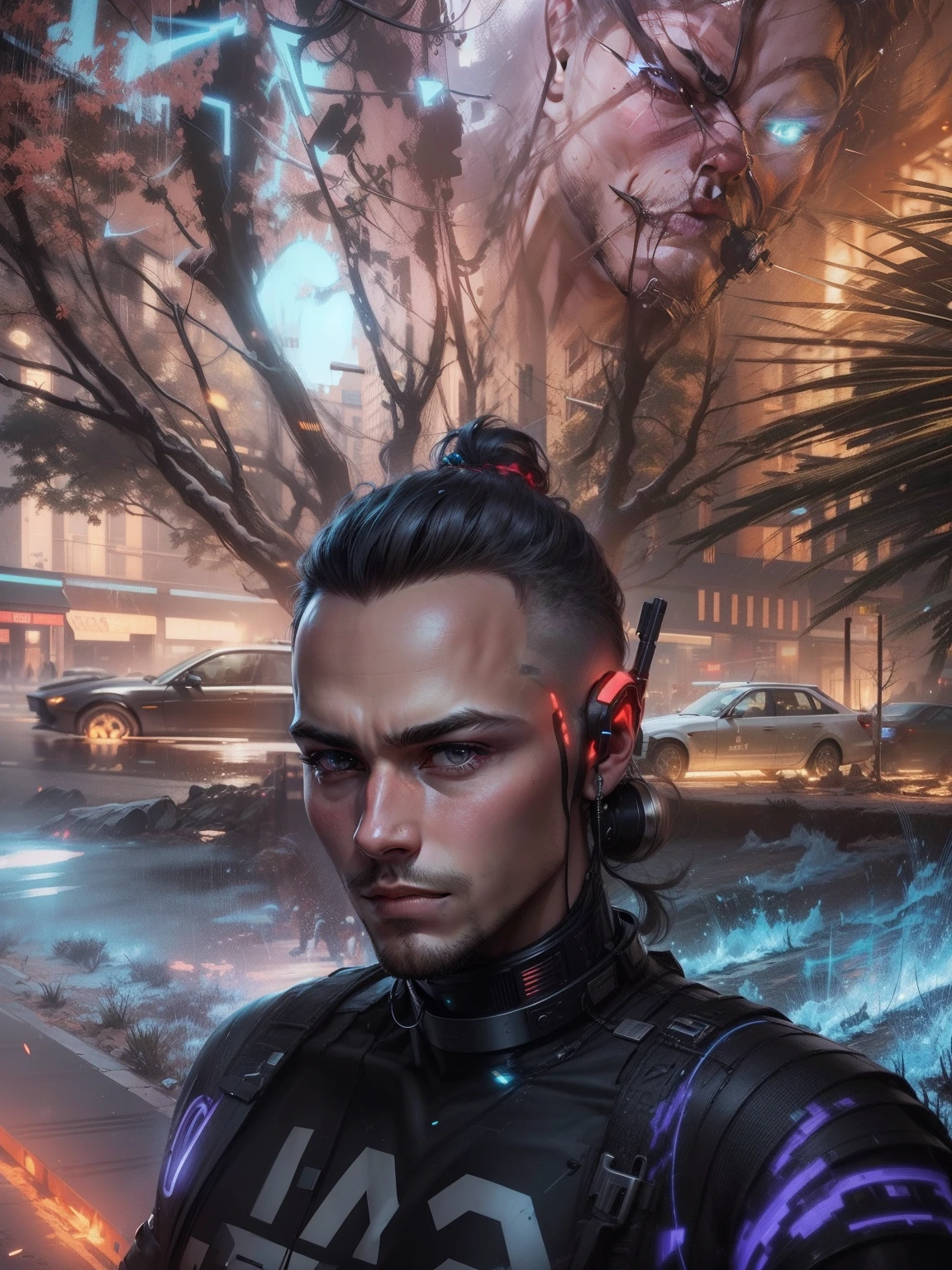 Change background Cyberpunk handsome boy, realistic face, 8k, ultra realistic,